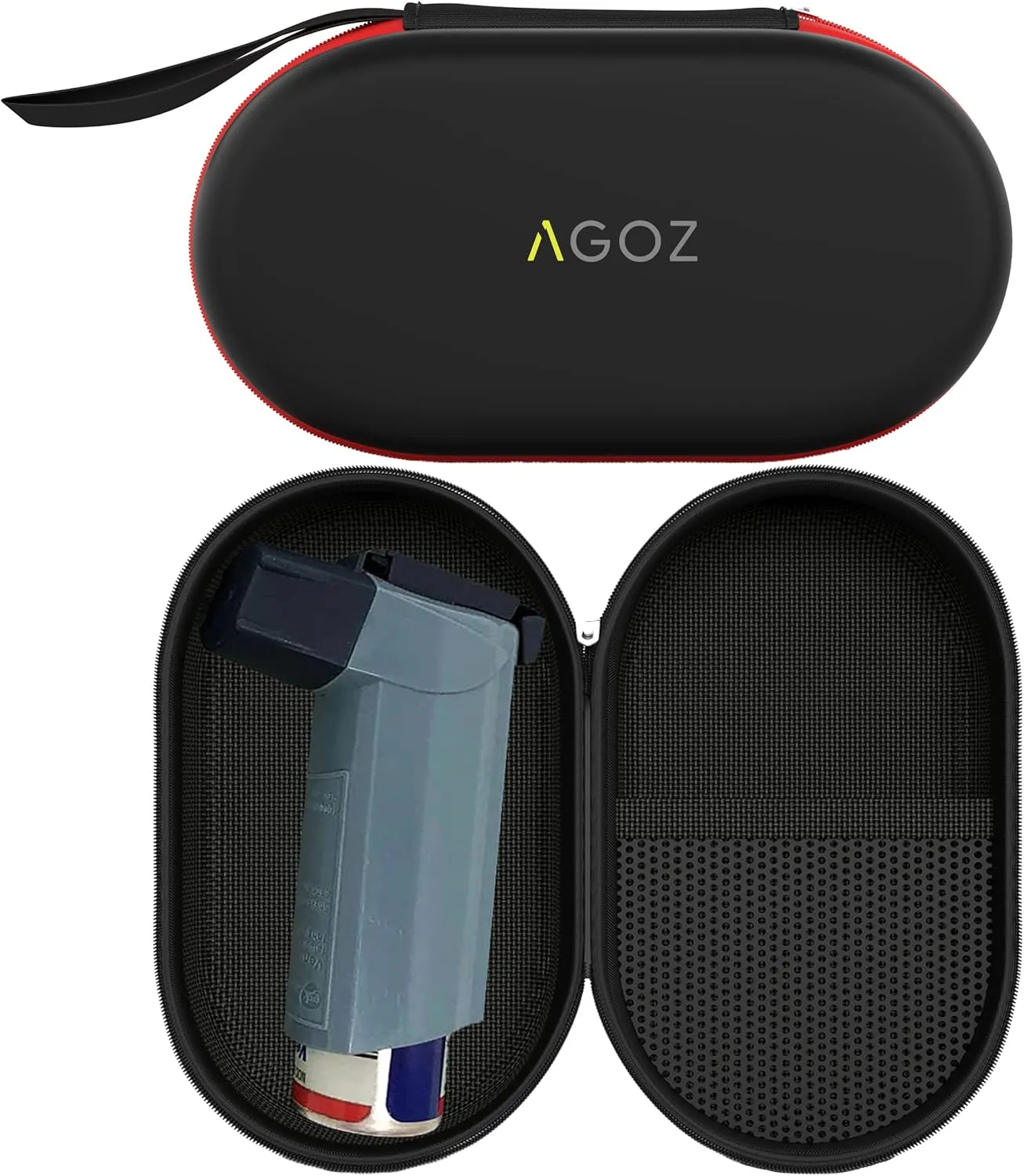 AGOZ Asthma Inhaler Medicine Travel Case Pouch Cover, Inhaler Holder with Zipper Closure and Wrist Strap (Black/Red)