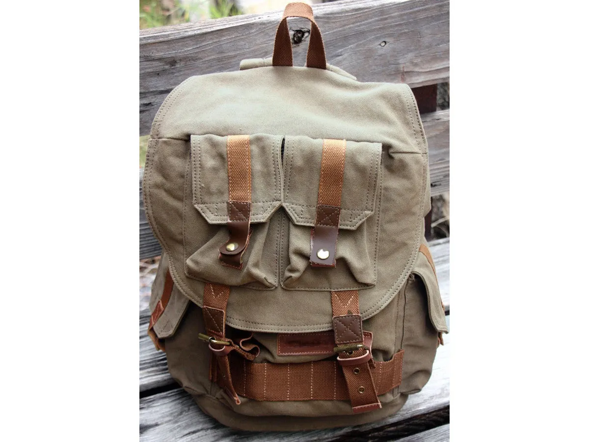 Army Green Canvas Hiking School Heavy Duty Rucksack Backpack with Many Pockets
