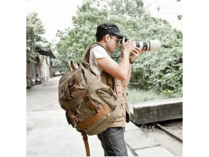 Army Green Canvas Hiking School Heavy Duty Rucksack Backpack with Many Pockets