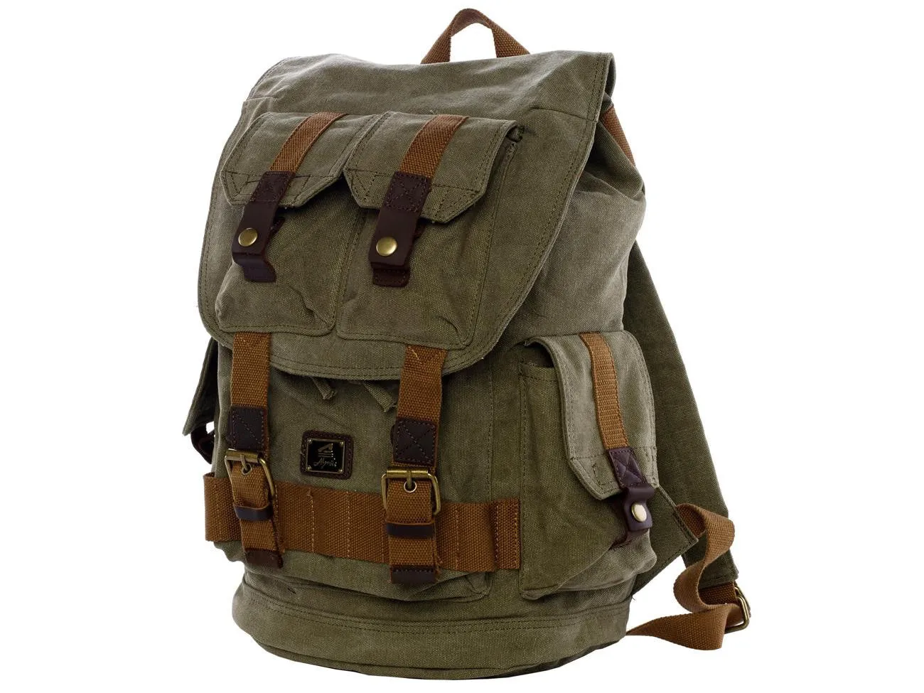 Army Green Canvas Hiking School Heavy Duty Rucksack Backpack with Many Pockets