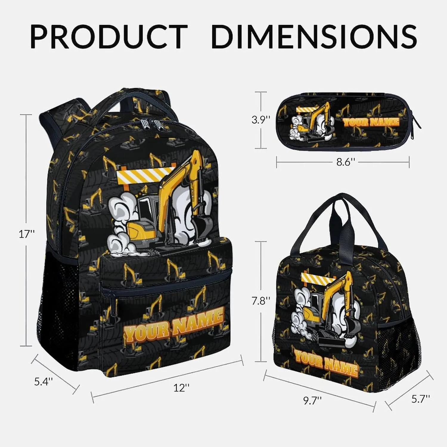 Backpack and Lunch Box for Boys - 17 Inch Custom Digger Bookbag Set for Kids - Personalized Cool 3 in 1 Excavator School Bag for Primary Middle