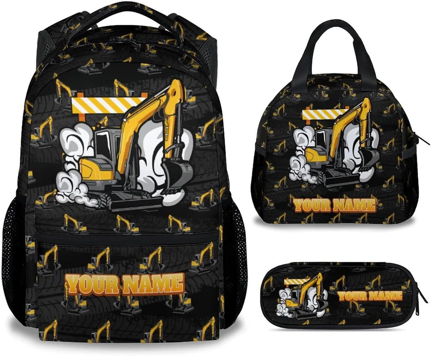 Backpack and Lunch Box for Boys - 17 Inch Custom Digger Bookbag Set for Kids - Personalized Cool 3 in 1 Excavator School Bag for Primary Middle