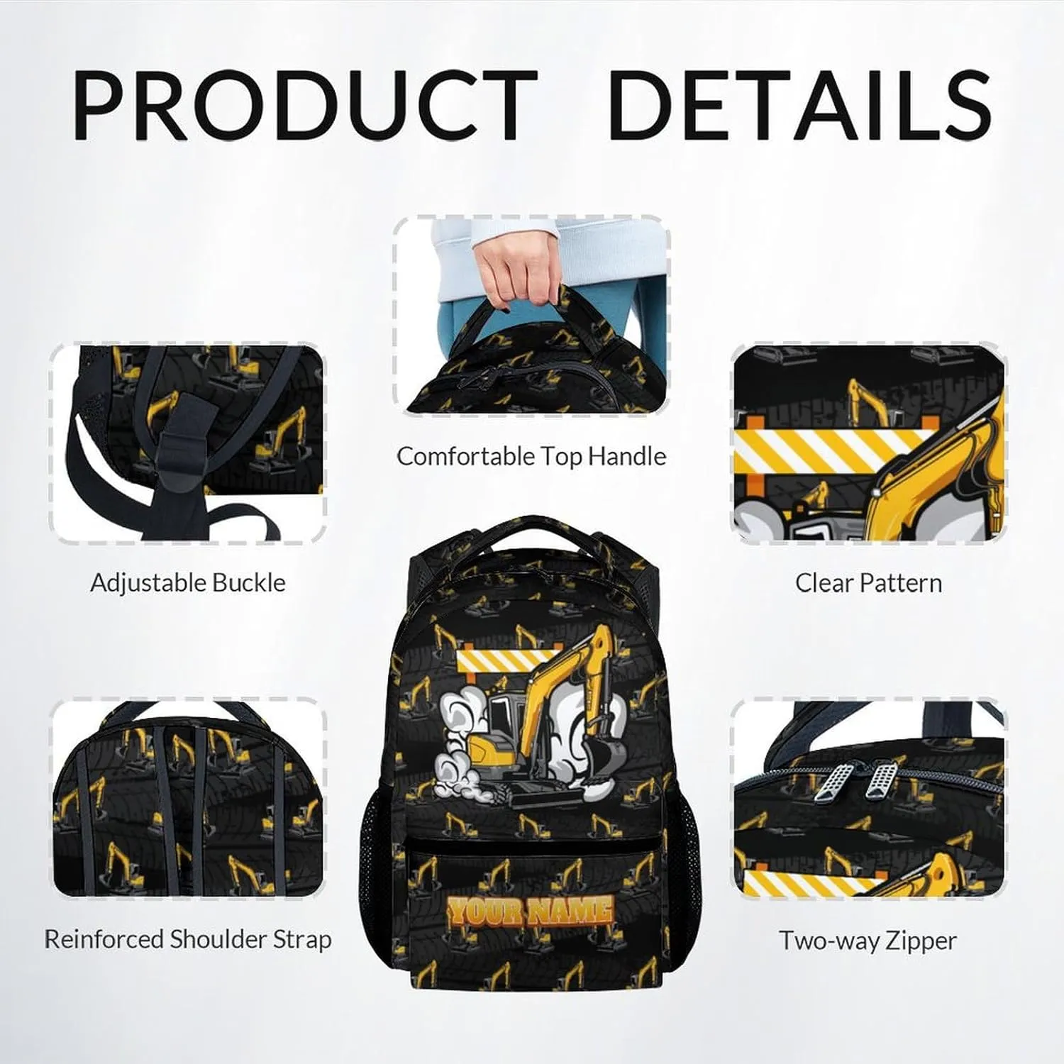 Backpack and Lunch Box for Boys - 17 Inch Custom Digger Bookbag Set for Kids - Personalized Cool 3 in 1 Excavator School Bag for Primary Middle