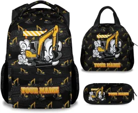 Backpack and Lunch Box for Boys - 17 Inch Custom Digger Bookbag Set for Kids - Personalized Cool 3 in 1 Excavator School Bag for Primary Middle
