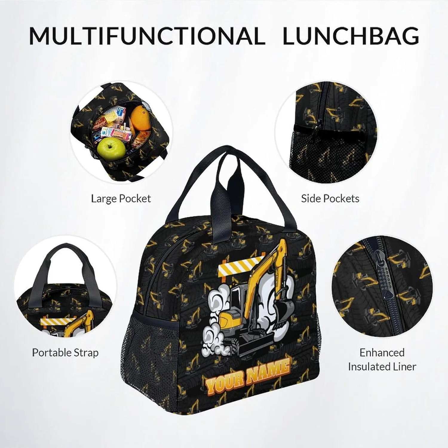 Backpack and Lunch Box for Boys - 17 Inch Custom Digger Bookbag Set for Kids - Personalized Cool 3 in 1 Excavator School Bag for Primary Middle
