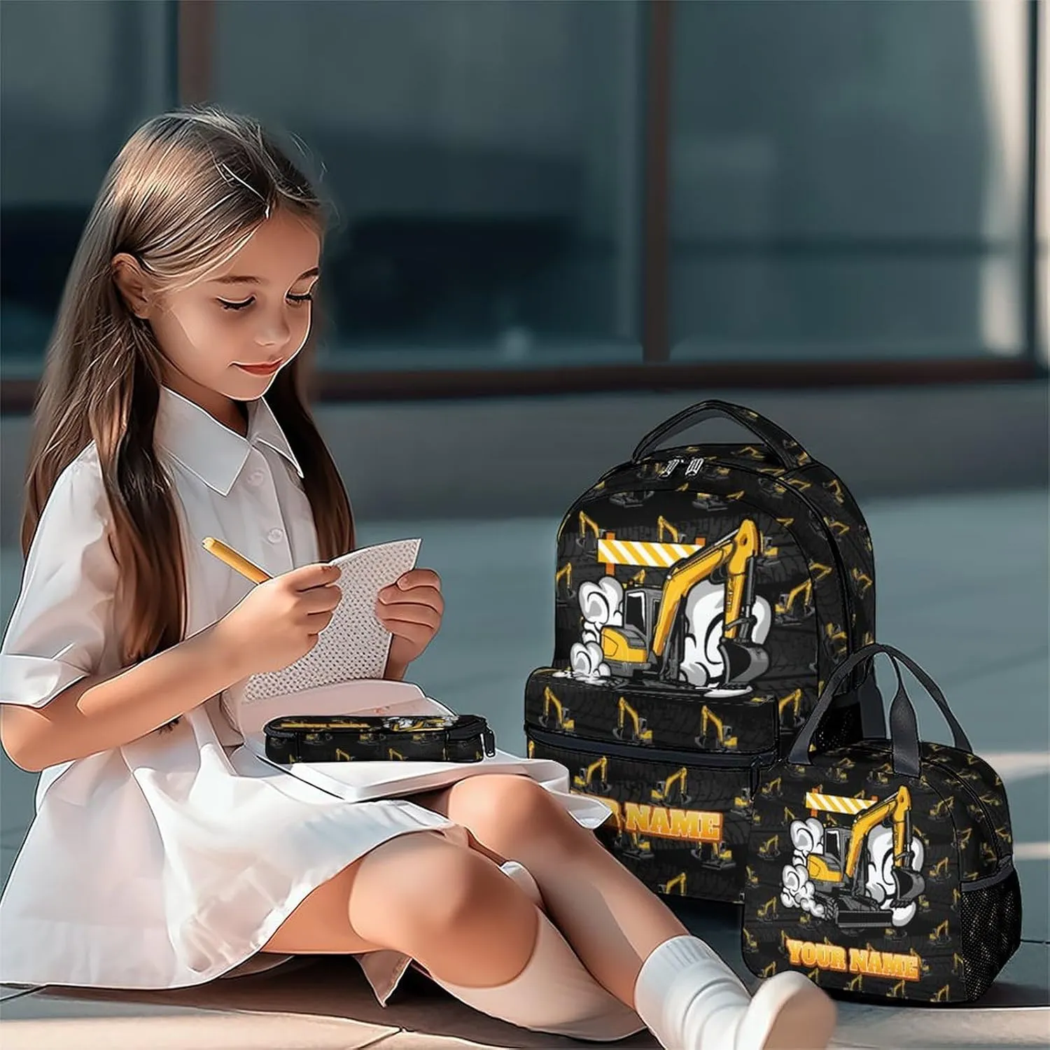 Backpack and Lunch Box for Boys - 17 Inch Custom Digger Bookbag Set for Kids - Personalized Cool 3 in 1 Excavator School Bag for Primary Middle
