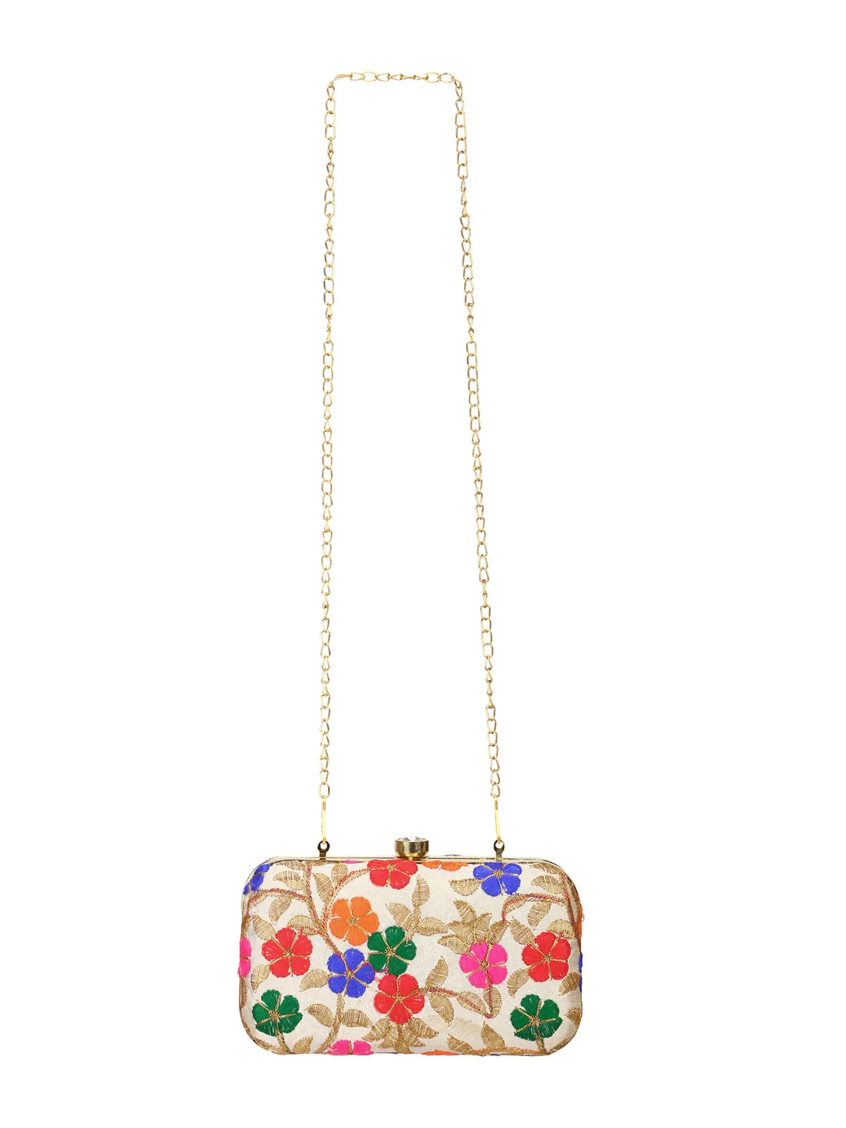 Beige embroidered box clutch