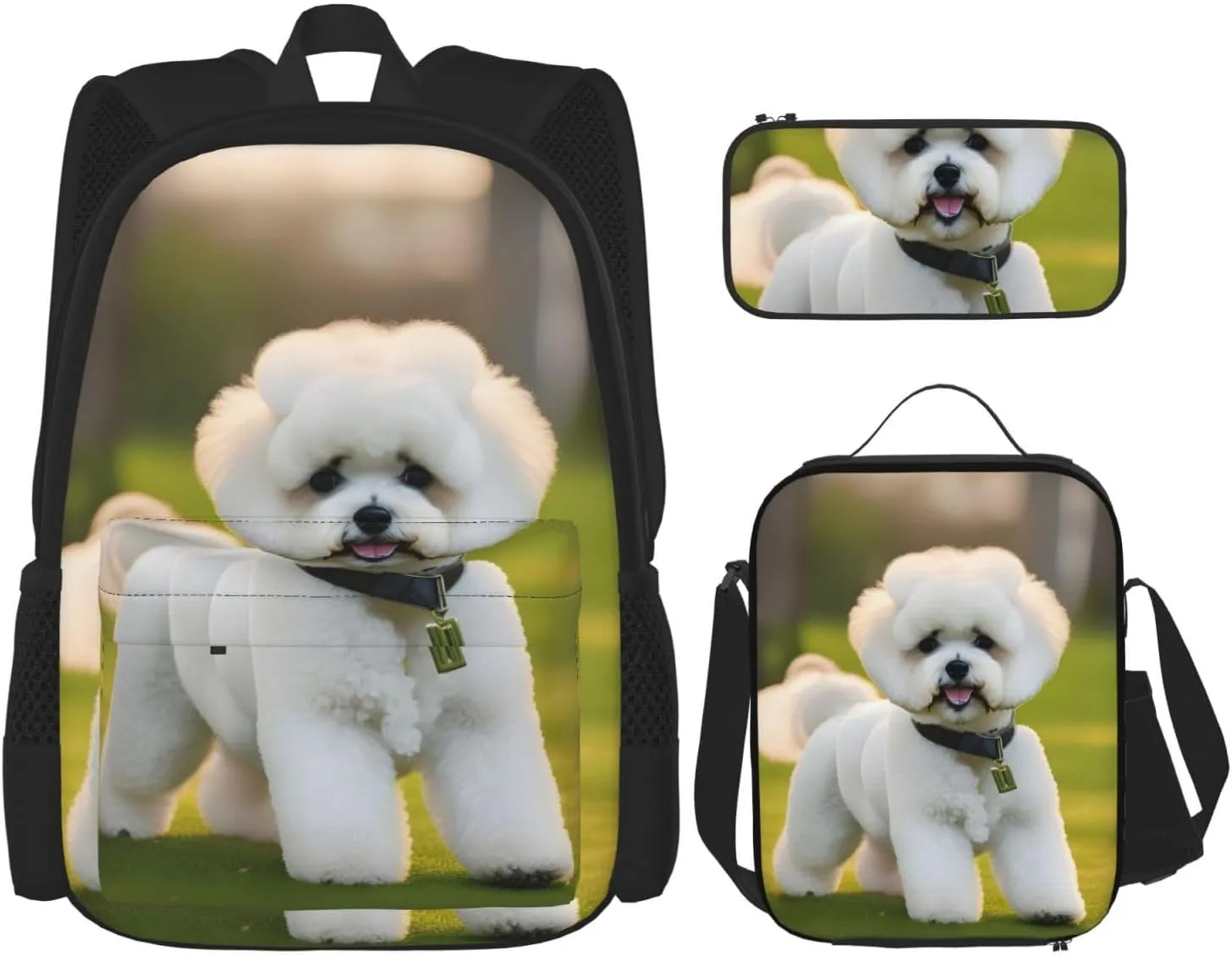 Bichon Frise Dog On The Grass Print Pencil Case Lightweight Casual Fashion Backpack Lunch Bag Large Capacity Travel Bag