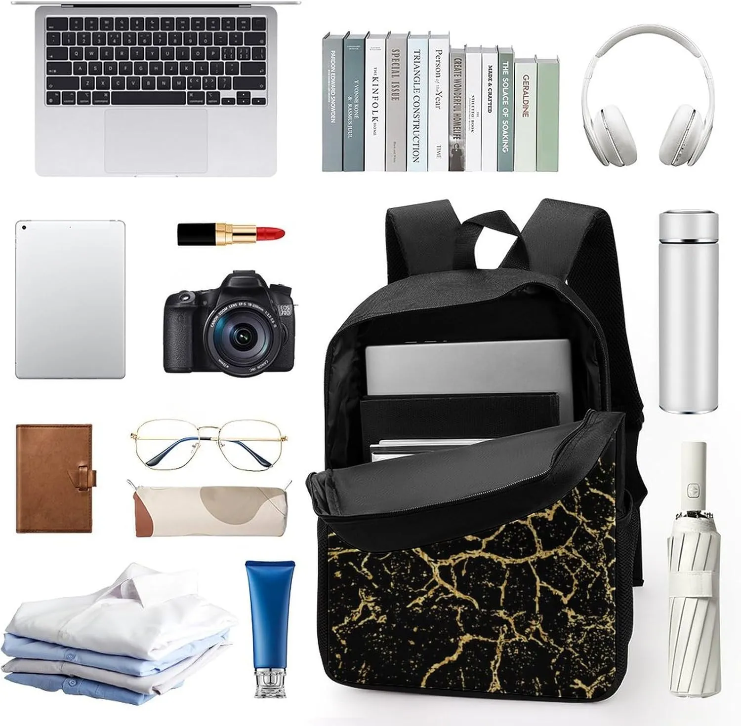 Black And Gold Marble Texture Lightweight And Large Capacity Casual Backpack Unisex