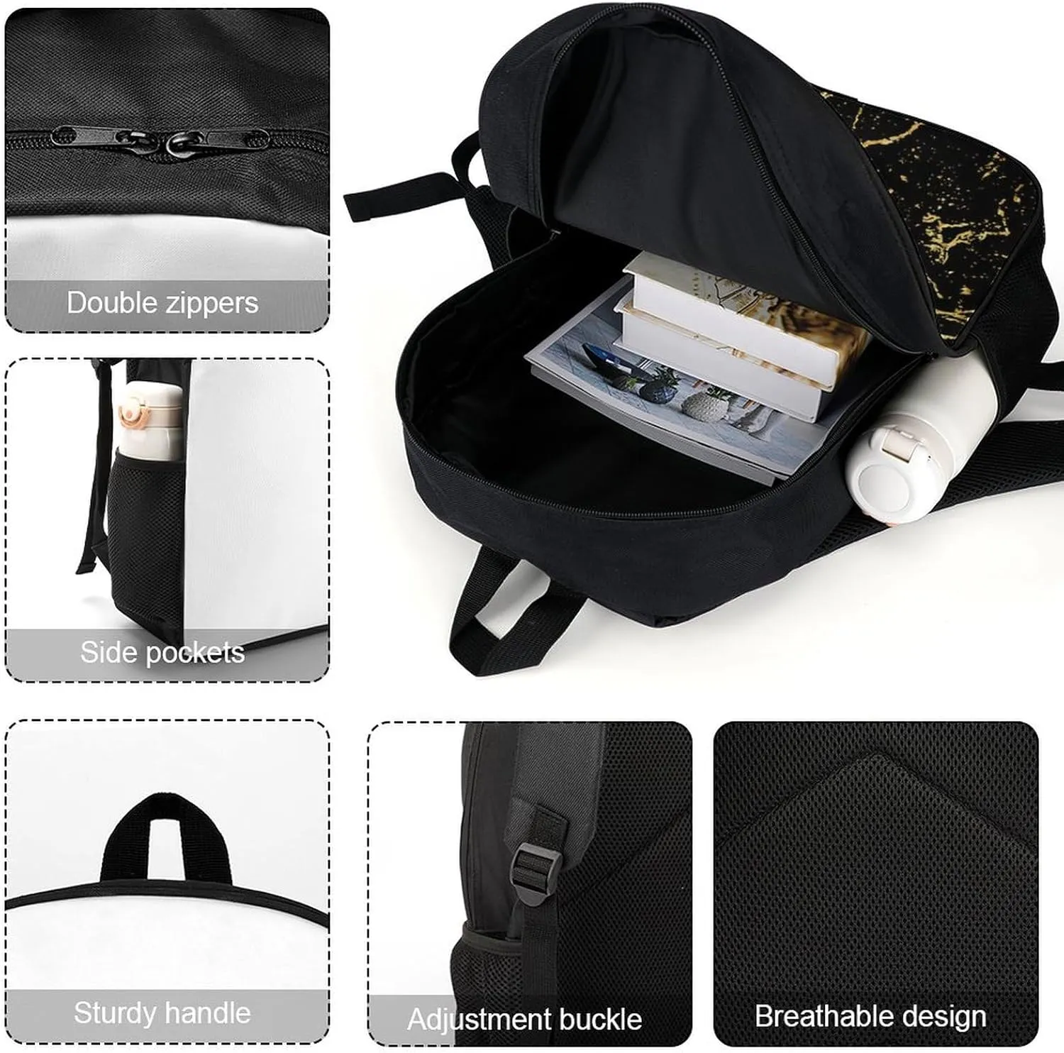 Black And Gold Marble Texture Lightweight And Large Capacity Casual Backpack Unisex