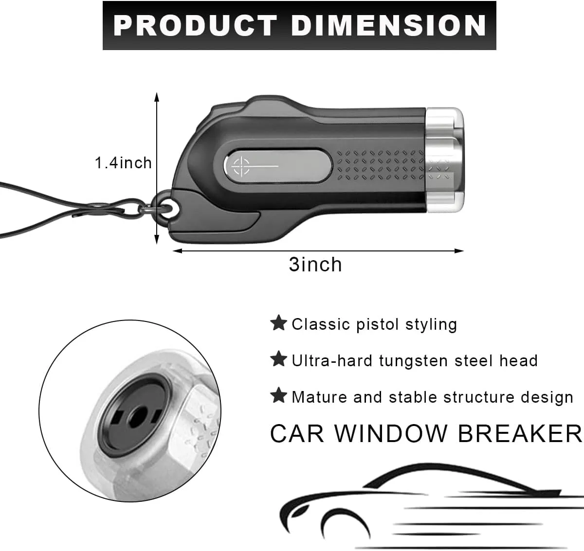 Car Window Breaker, Portable Car Safety Hammer & Seatbelt Cutter with a Stainless Steel Blade for Car Escape, Car Keychain and Breaking Glass Survival Tool for Land/Underwater (Black)