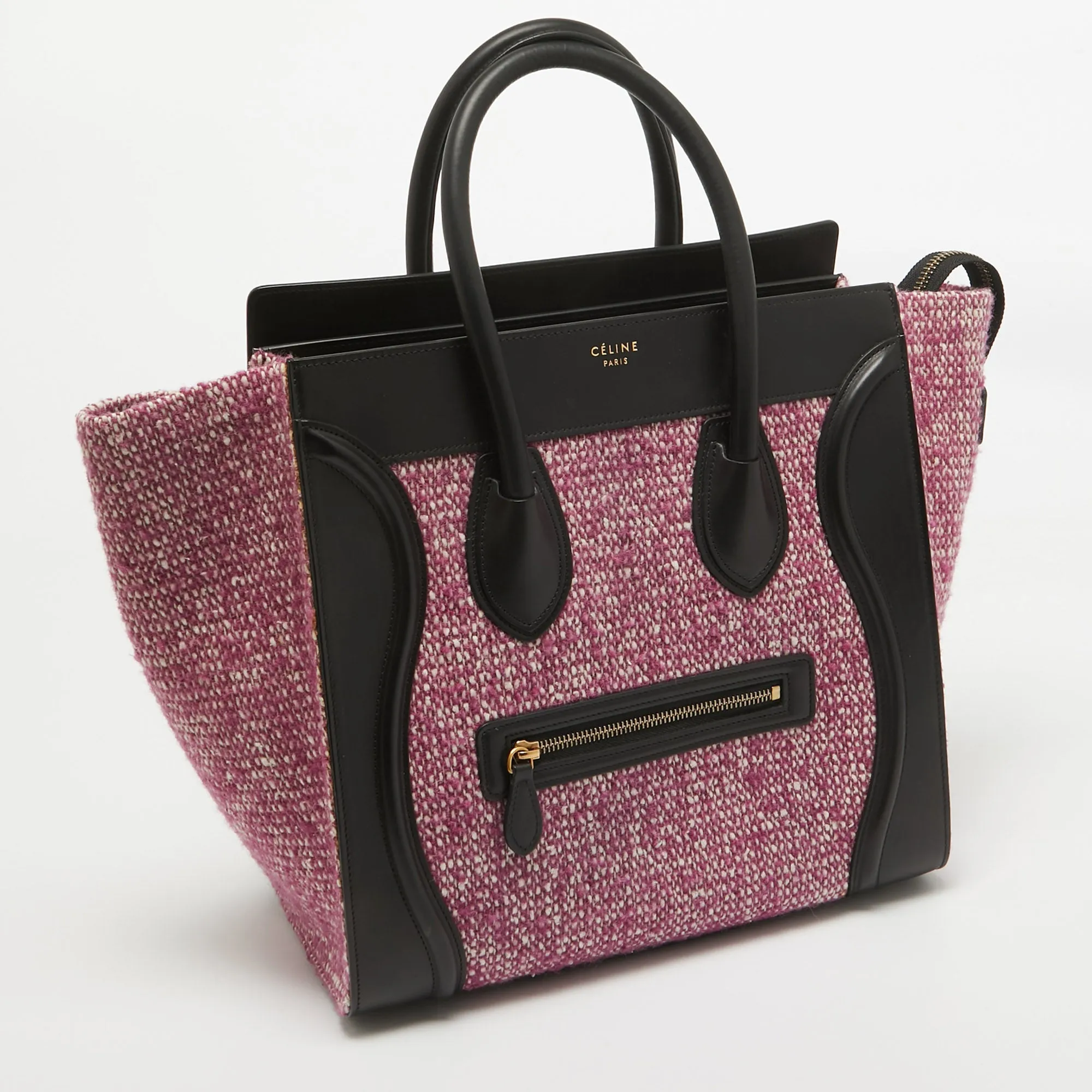 CELINE Black/Fuchsia Knit Fabric and Leather Mini Luggage Tote