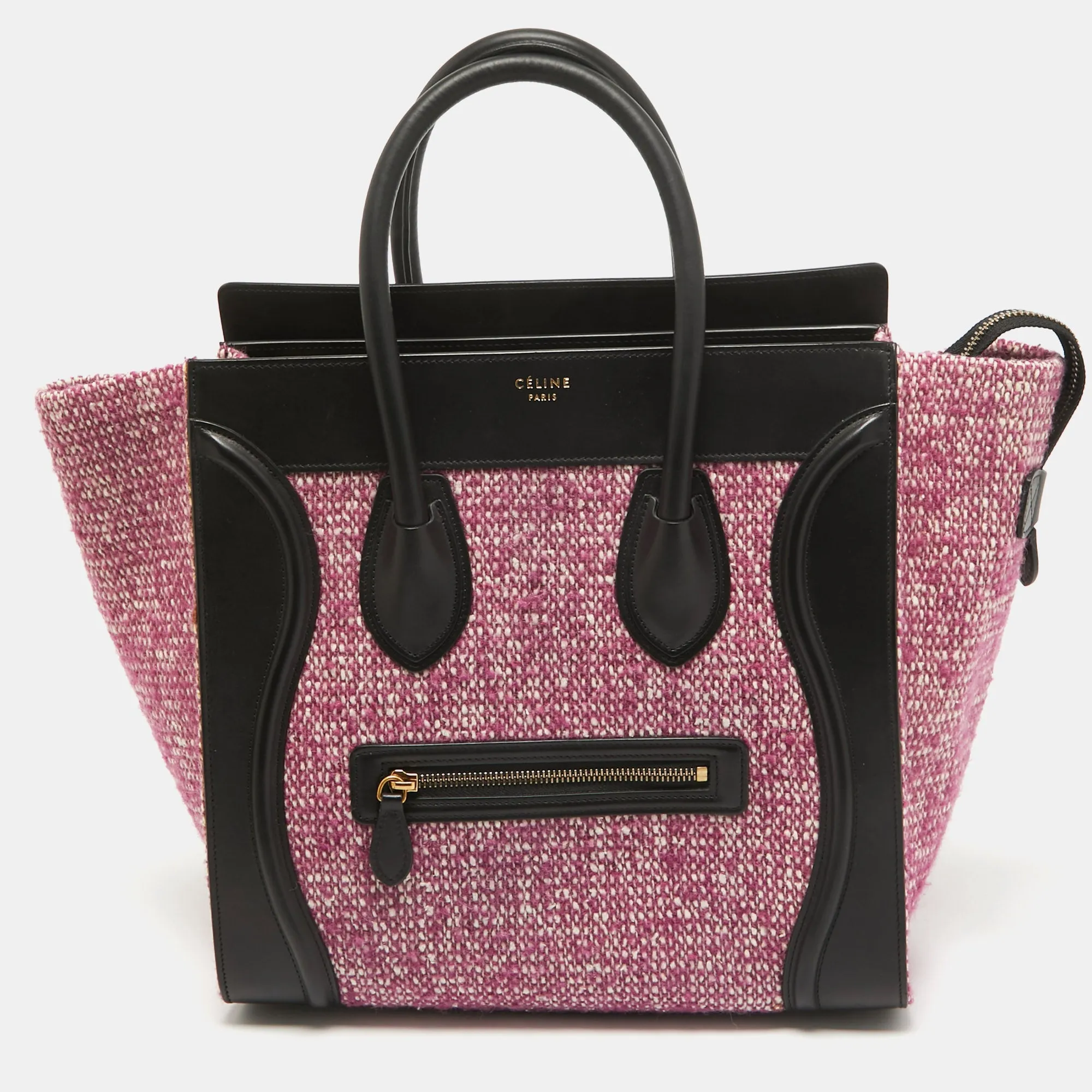 CELINE Black/Fuchsia Knit Fabric and Leather Mini Luggage Tote