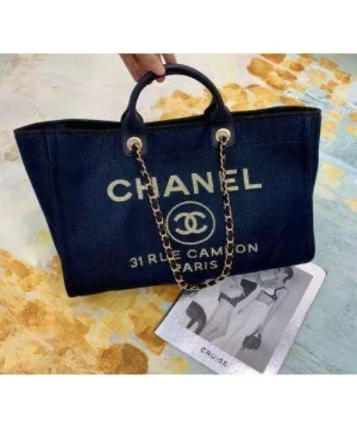 Chanel Deauville Fabric Tote Navy Blue/Gold
