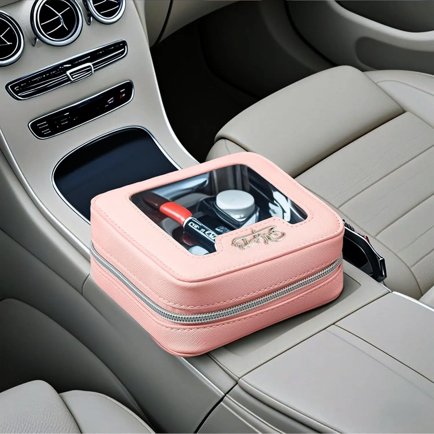 Clear Makeup Bag Cosmetic Case: Small Make up Bags for Purse - TSA approved Toiletry Bag for Women - Waterproof Travel Pouch with Zipper - Cute Makeup Organizer Skincare Bag for Car (Mini, Pink)
