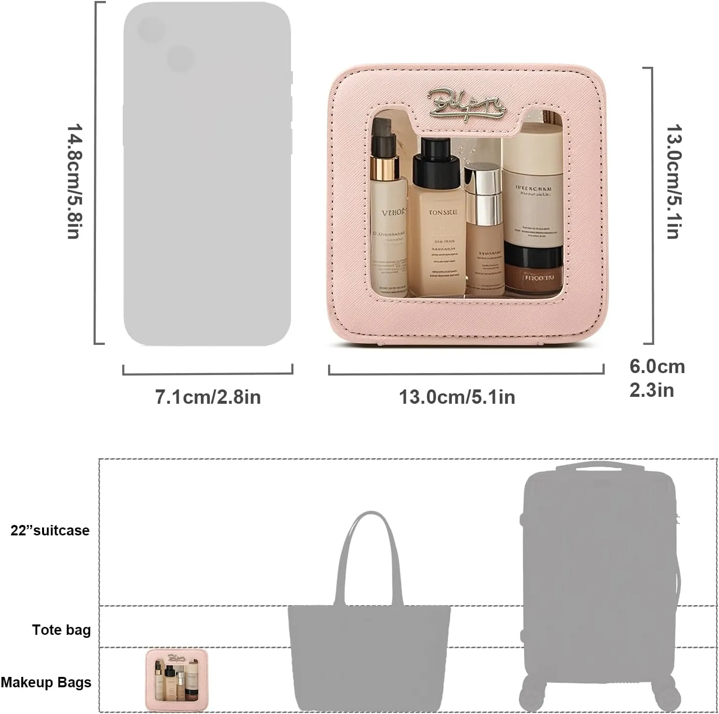 Clear Makeup Bag Cosmetic Case: Small Make up Bags for Purse - TSA approved Toiletry Bag for Women - Waterproof Travel Pouch with Zipper - Cute Makeup Organizer Skincare Bag for Car (Mini, Pink)