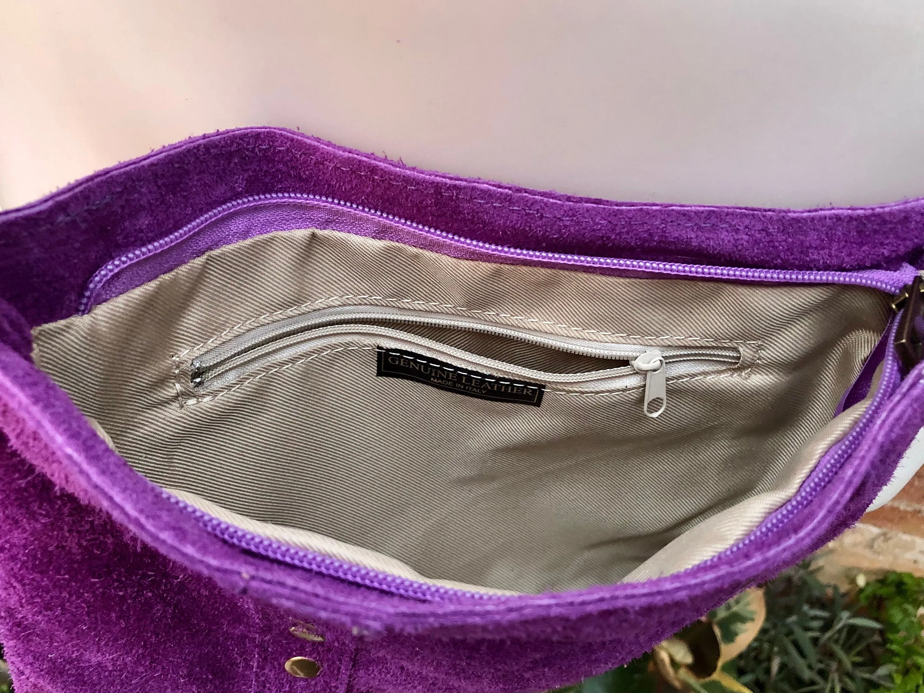 Cross body bag. Boho suede leather bag in PURPLE with bronze color tacks. Messenger bag in genuine suede leather. PURPLE crossbody bag