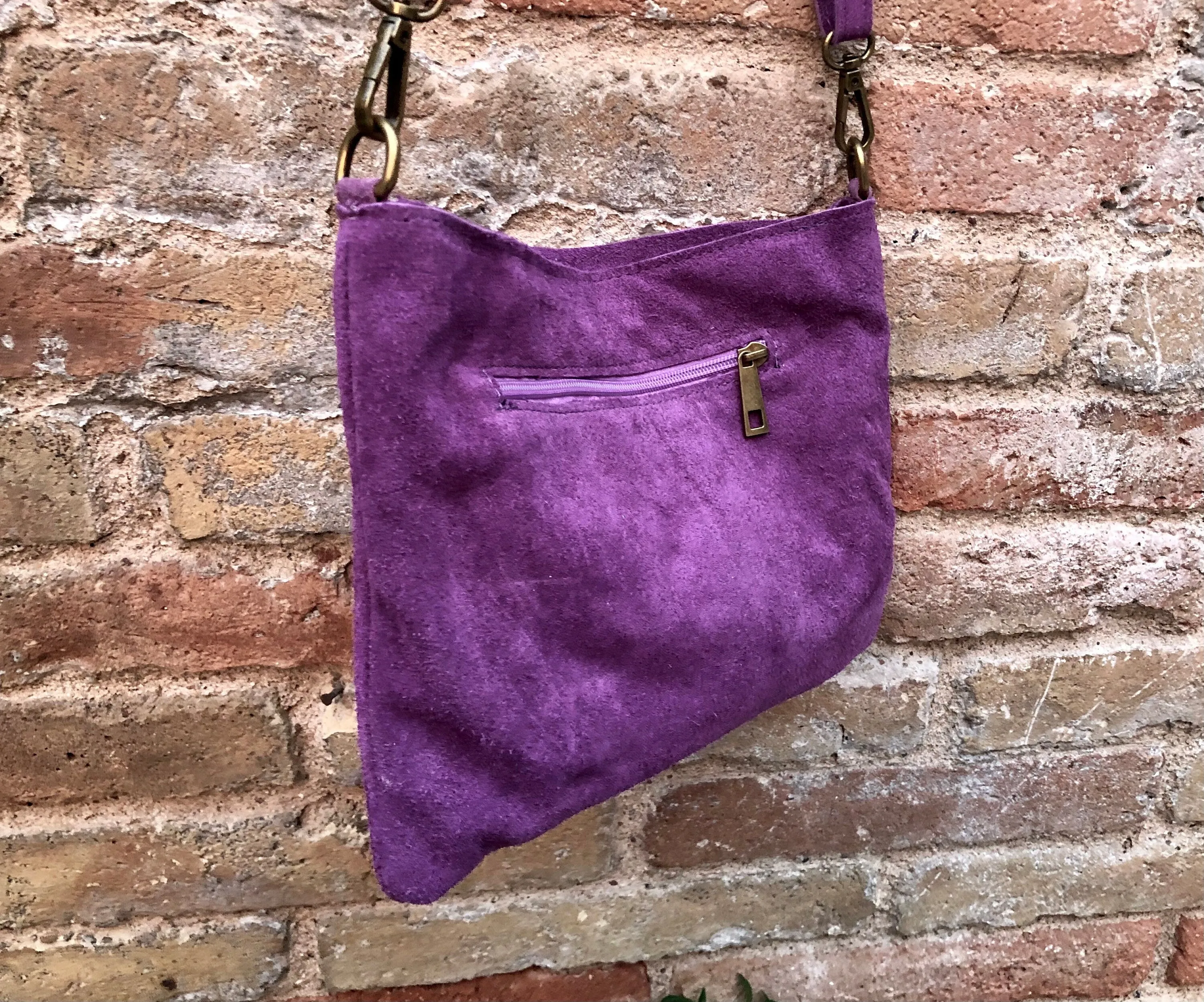 Cross body bag. Boho suede leather bag in PURPLE with bronze color tacks. Messenger bag in genuine suede leather. PURPLE crossbody bag