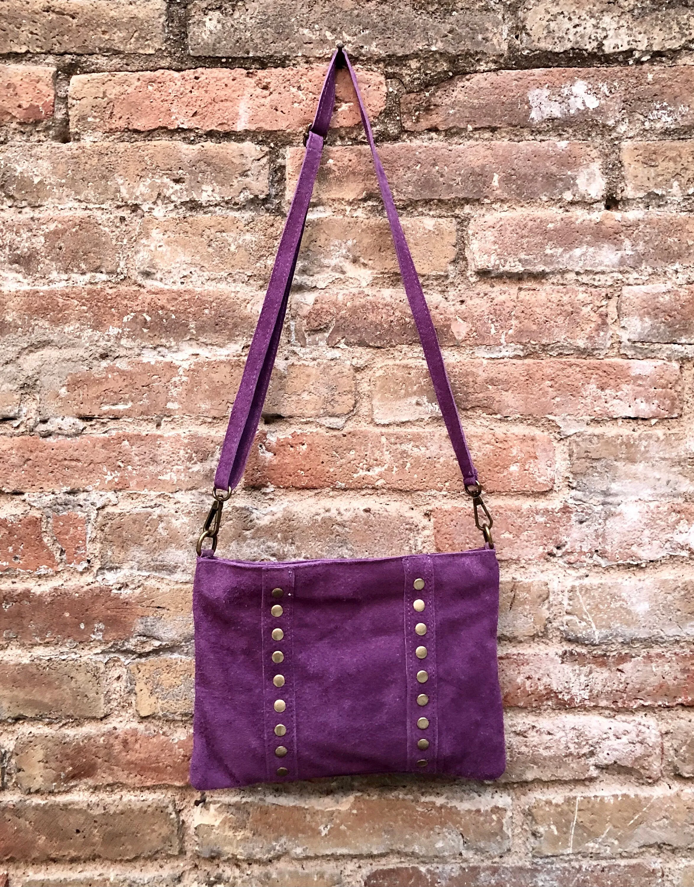 Cross body bag. Boho suede leather bag in PURPLE with bronze color tacks. Messenger bag in genuine suede leather. PURPLE crossbody bag