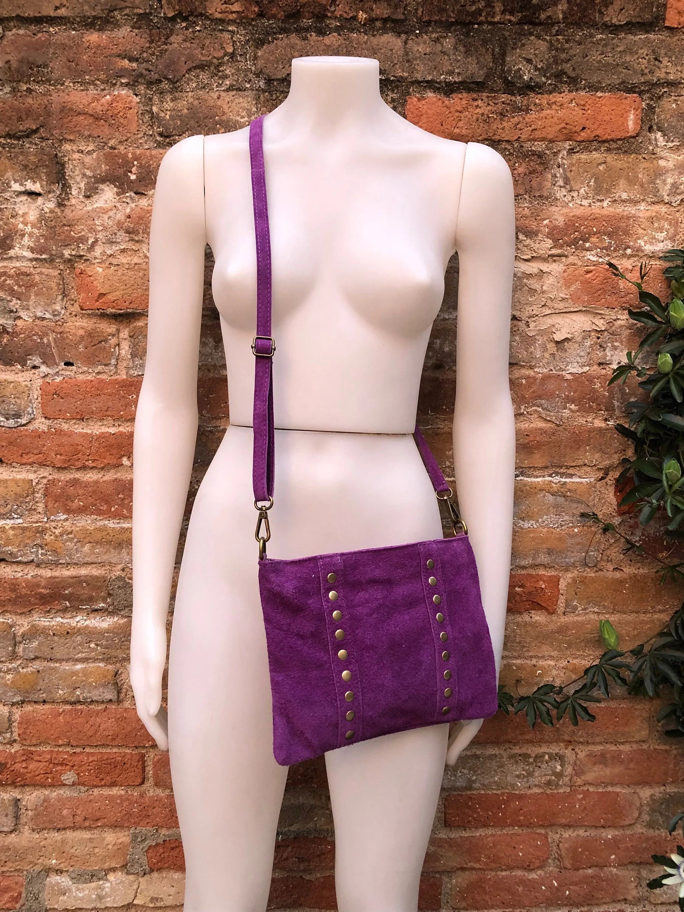Cross body bag. Boho suede leather bag in PURPLE with bronze color tacks. Messenger bag in genuine suede leather. PURPLE crossbody bag