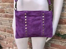 Cross body bag. Boho suede leather bag in PURPLE with bronze color tacks. Messenger bag in genuine suede leather. PURPLE crossbody bag