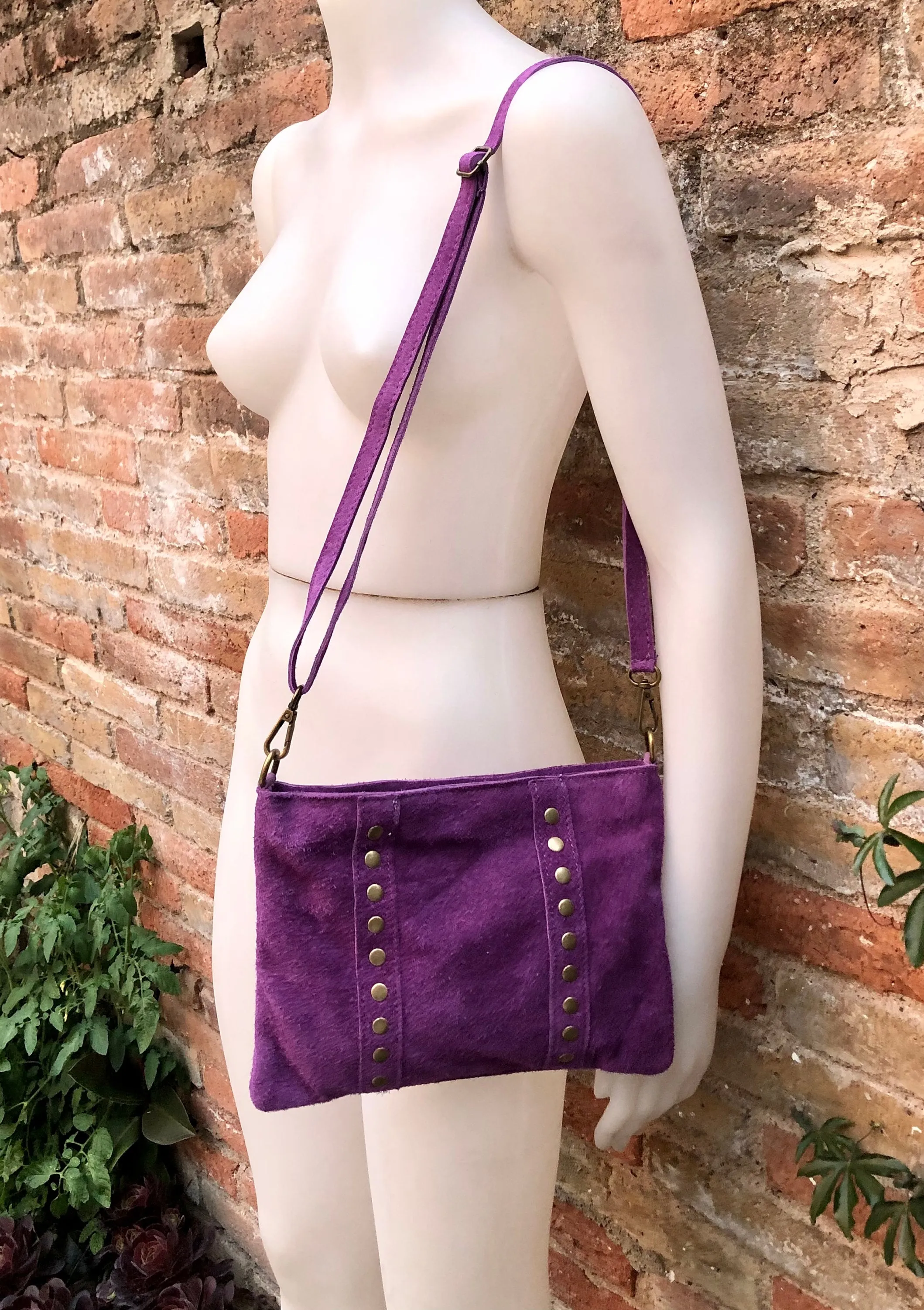 Cross body bag. Boho suede leather bag in PURPLE with bronze color tacks. Messenger bag in genuine suede leather. PURPLE crossbody bag
