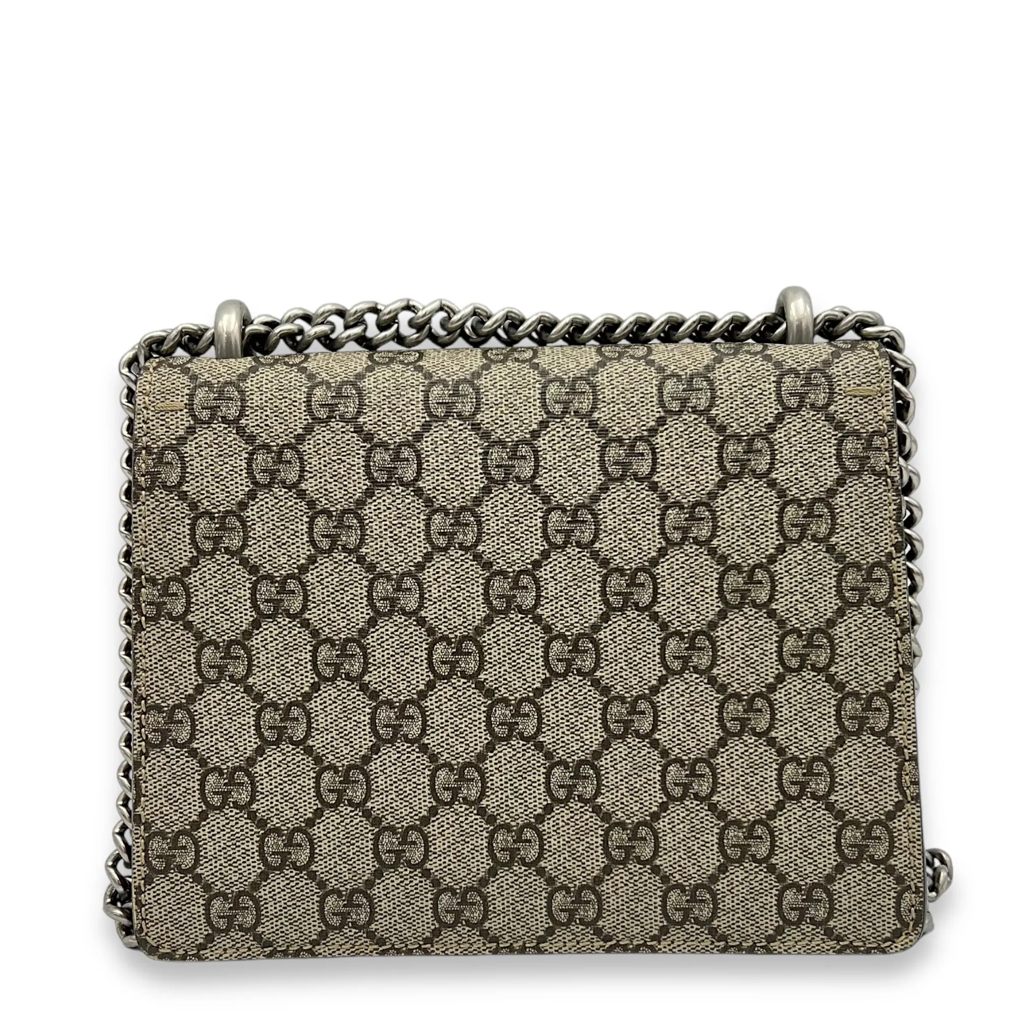 Dionysus Mini Brown Crossbody Bag in Monogram Coated Canvas, Silver hardware