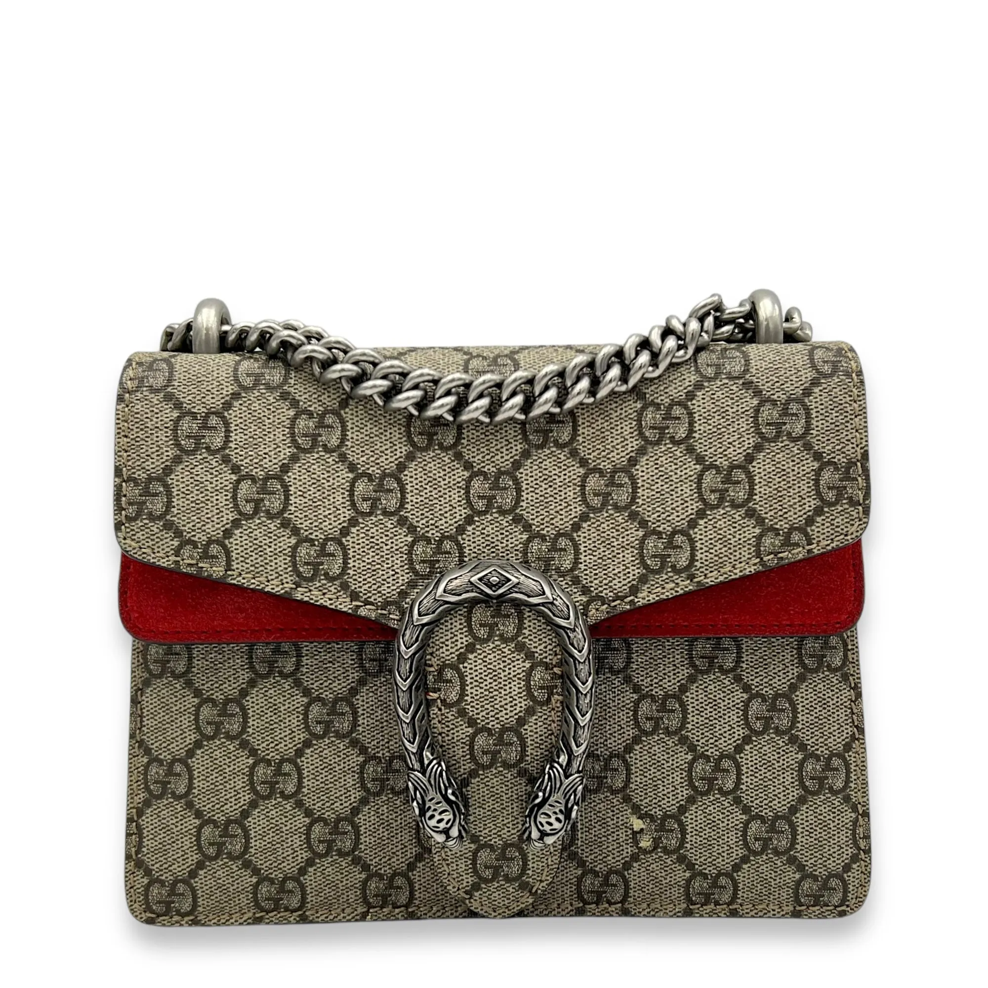 Dionysus Mini Brown Crossbody Bag in Monogram Coated Canvas, Silver hardware