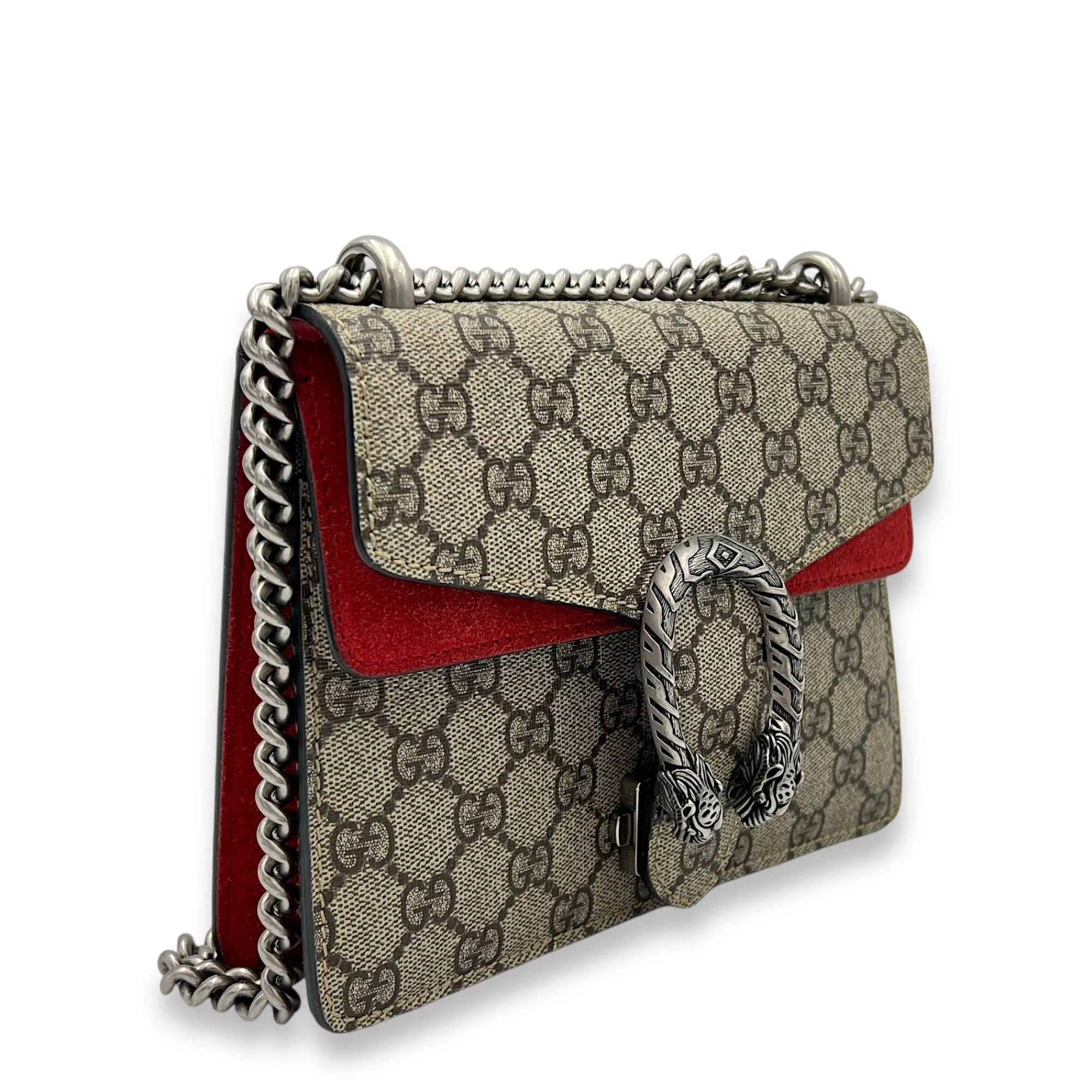 Dionysus Mini Brown Crossbody Bag in Monogram Coated Canvas, Silver hardware
