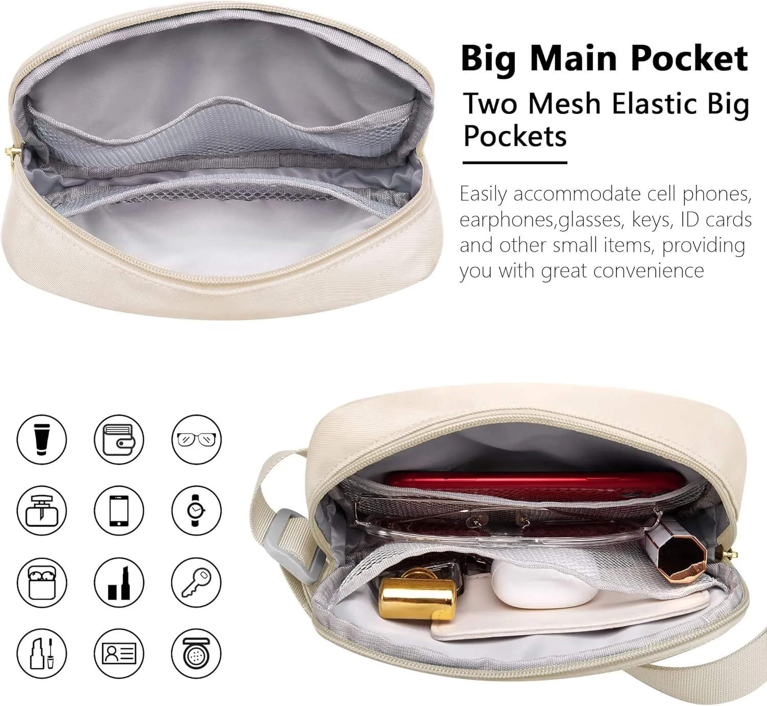 Fanny Packs for Women Men Crossbody, Small Belt Bag with Adjustable Strap, Waterproof Mini Waist Pack for Outdoor Running Hiking Walking Travel Sport (Beige)