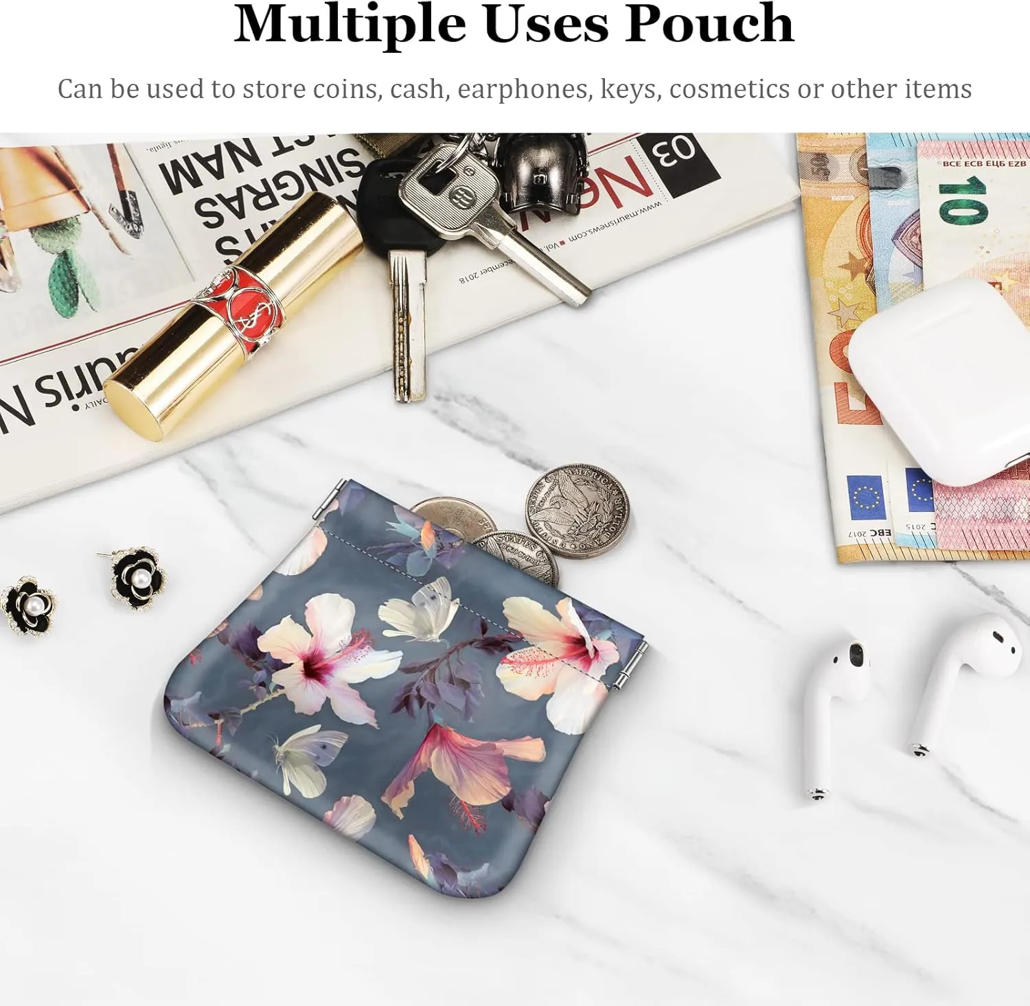 Fintie Squeeze Coin Purse, Fintie PU Leather Coin Pouch Change Holder for Woman (Blooming Hibiscus)