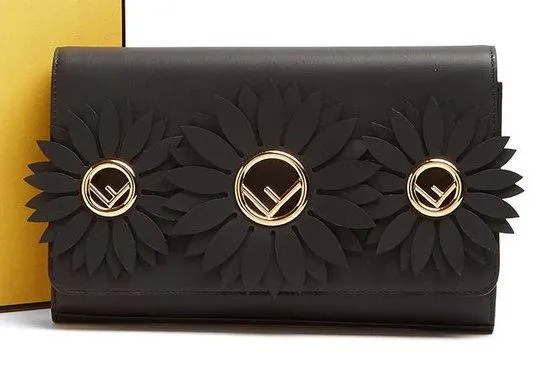 Flower and Logo-Embellished Leather Clutch