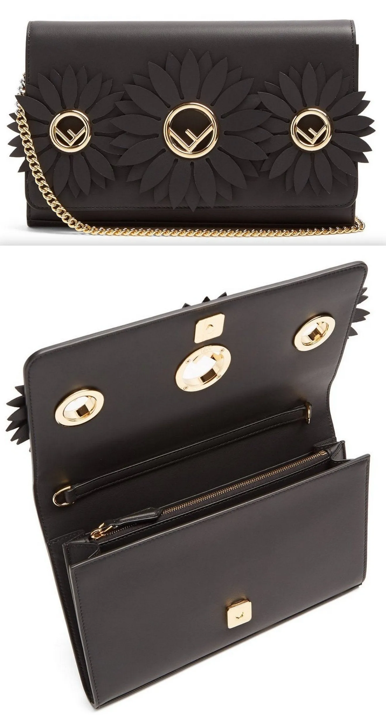 Flower and Logo-Embellished Leather Clutch