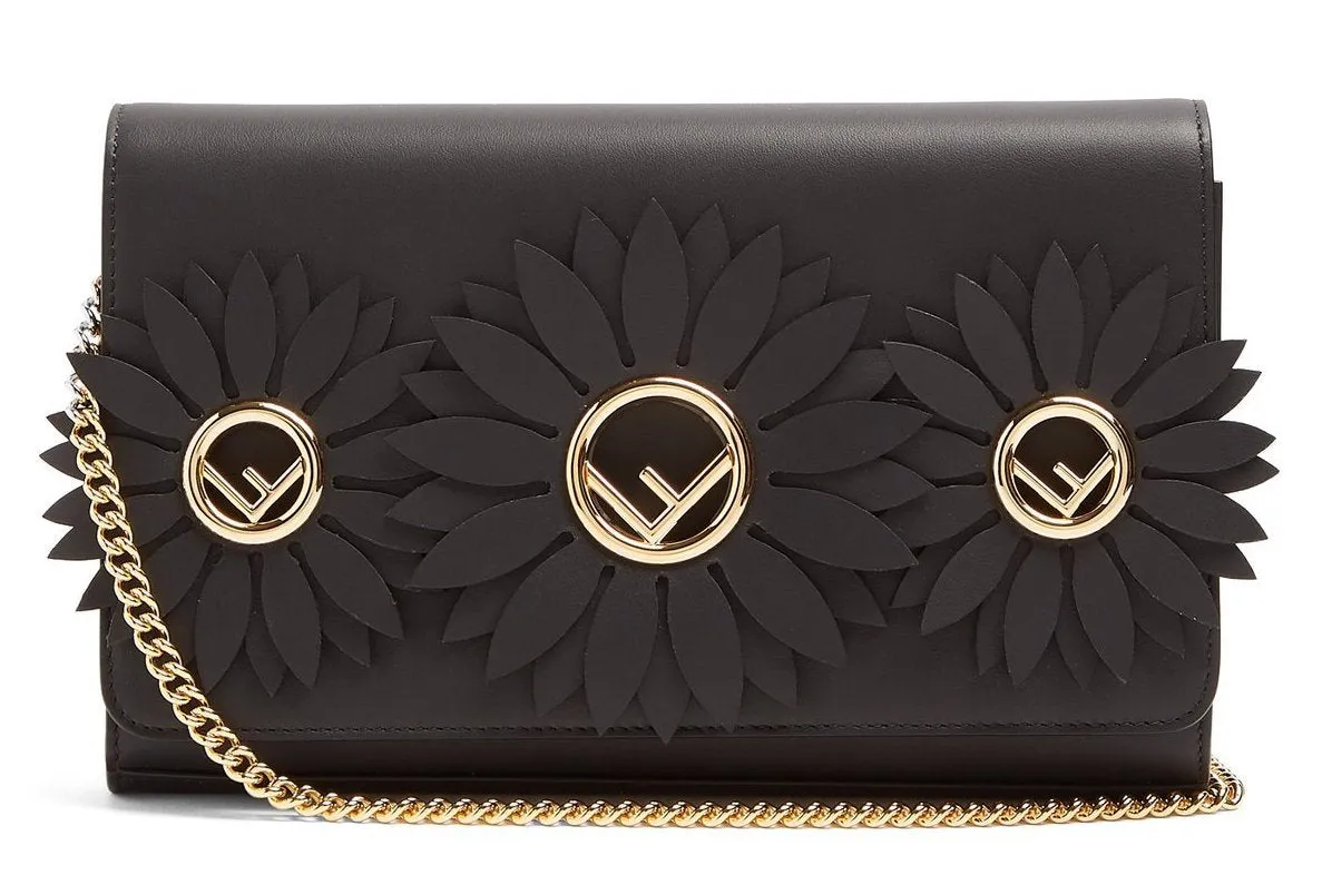 Flower and Logo-Embellished Leather Clutch