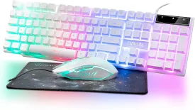Gaming Keyboard and Mouse Wired CHOCNHOW White Keyboard Rainbow Backlit,Light Up Keys, Multimedia Keys, Waterproof Compatible with PC Laptop Xbox Ps4/Ps5 Work/Gamer