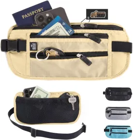 GORILLA GRIP 4 Pocket Secure RFID Blocking Money Belt, Anti Theft Hidden Fanny Pack for Passport and Credit Cards, Water Repellent Travel Pouch for Men Women with Adjustable Waist and Zippers, Sand