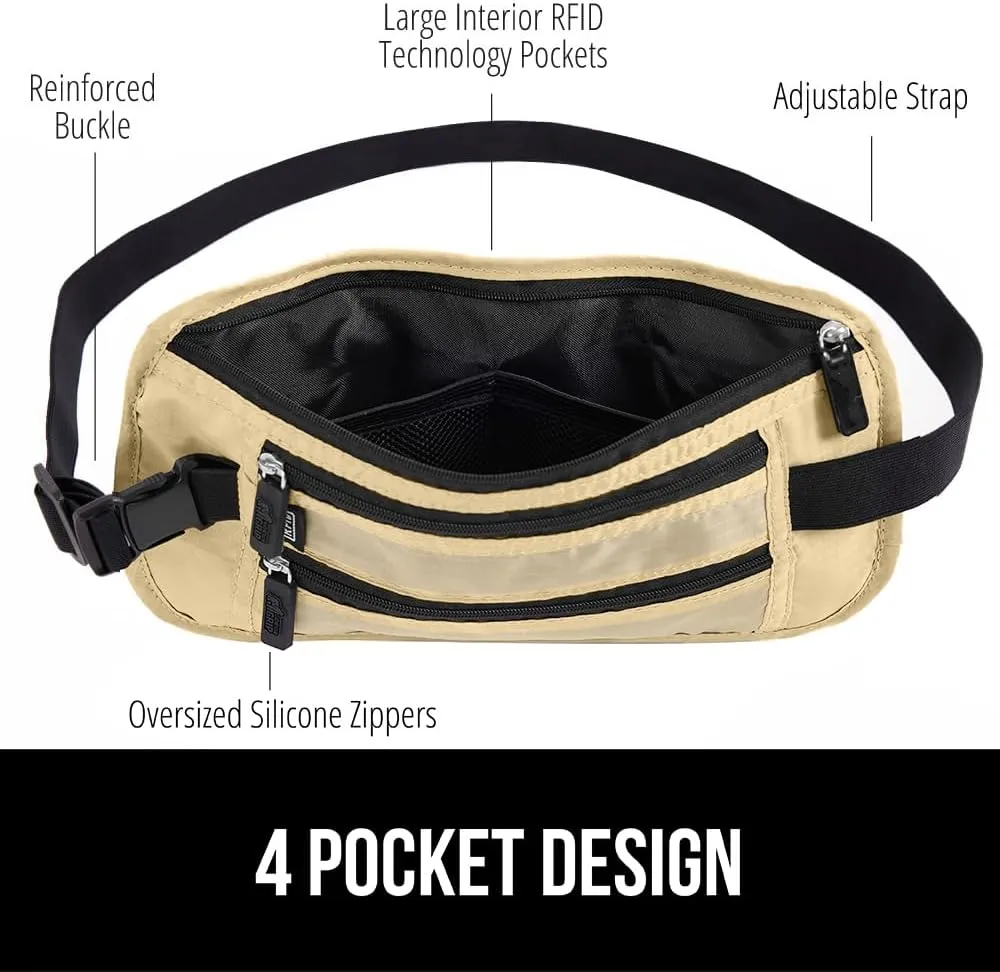 GORILLA GRIP 4 Pocket Secure RFID Blocking Money Belt, Anti Theft Hidden Fanny Pack for Passport and Credit Cards, Water Repellent Travel Pouch for Men Women with Adjustable Waist and Zippers, Sand