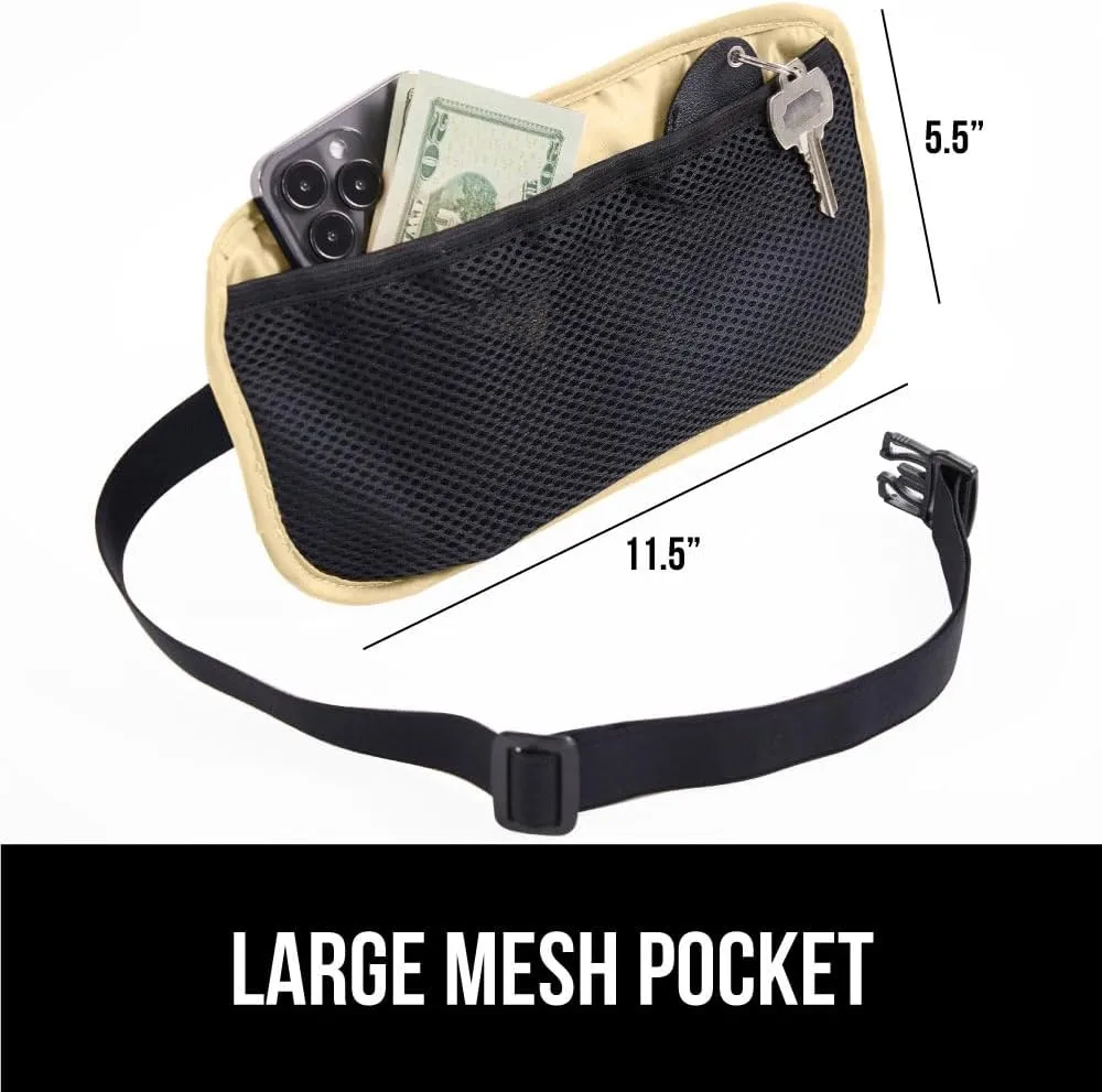 GORILLA GRIP 4 Pocket Secure RFID Blocking Money Belt, Anti Theft Hidden Fanny Pack for Passport and Credit Cards, Water Repellent Travel Pouch for Men Women with Adjustable Waist and Zippers, Sand