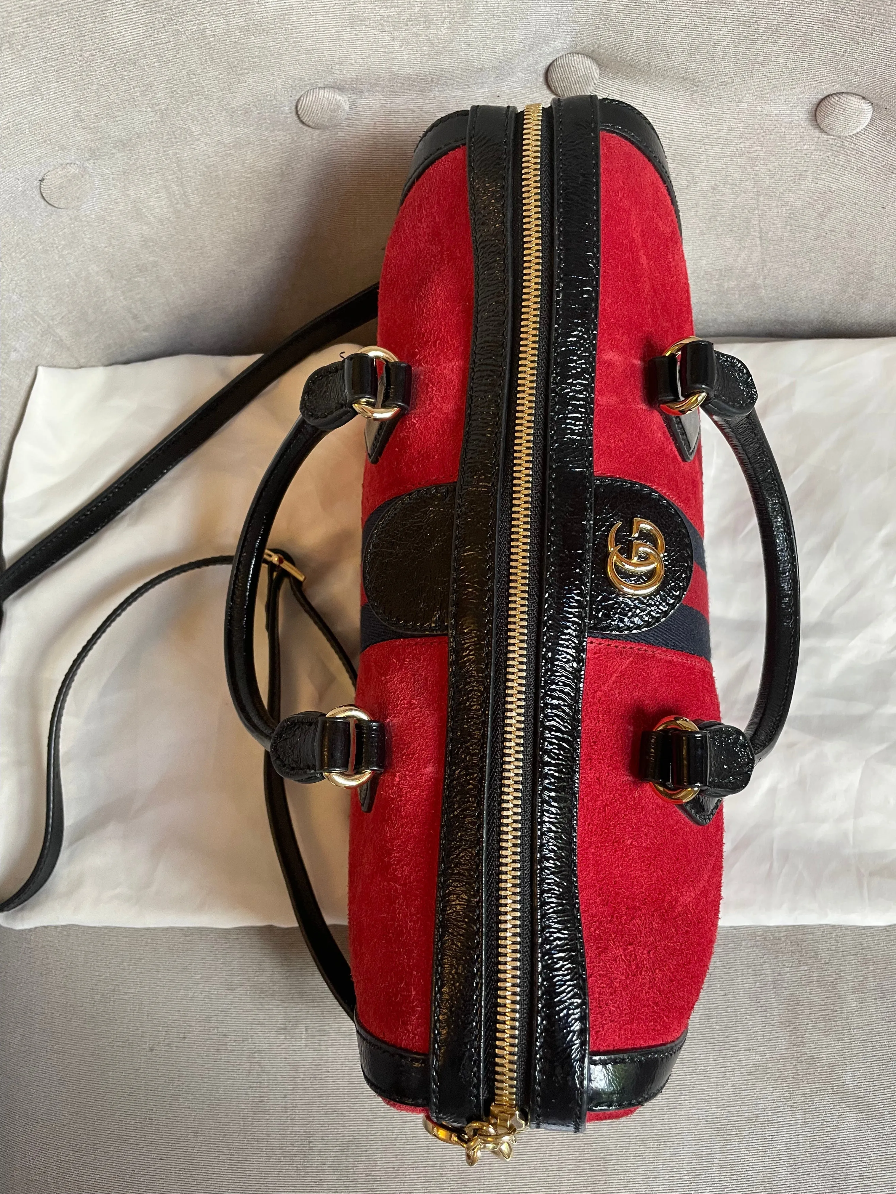 Gucci Red Suede and Blue Leather Ophidia Boston Bag