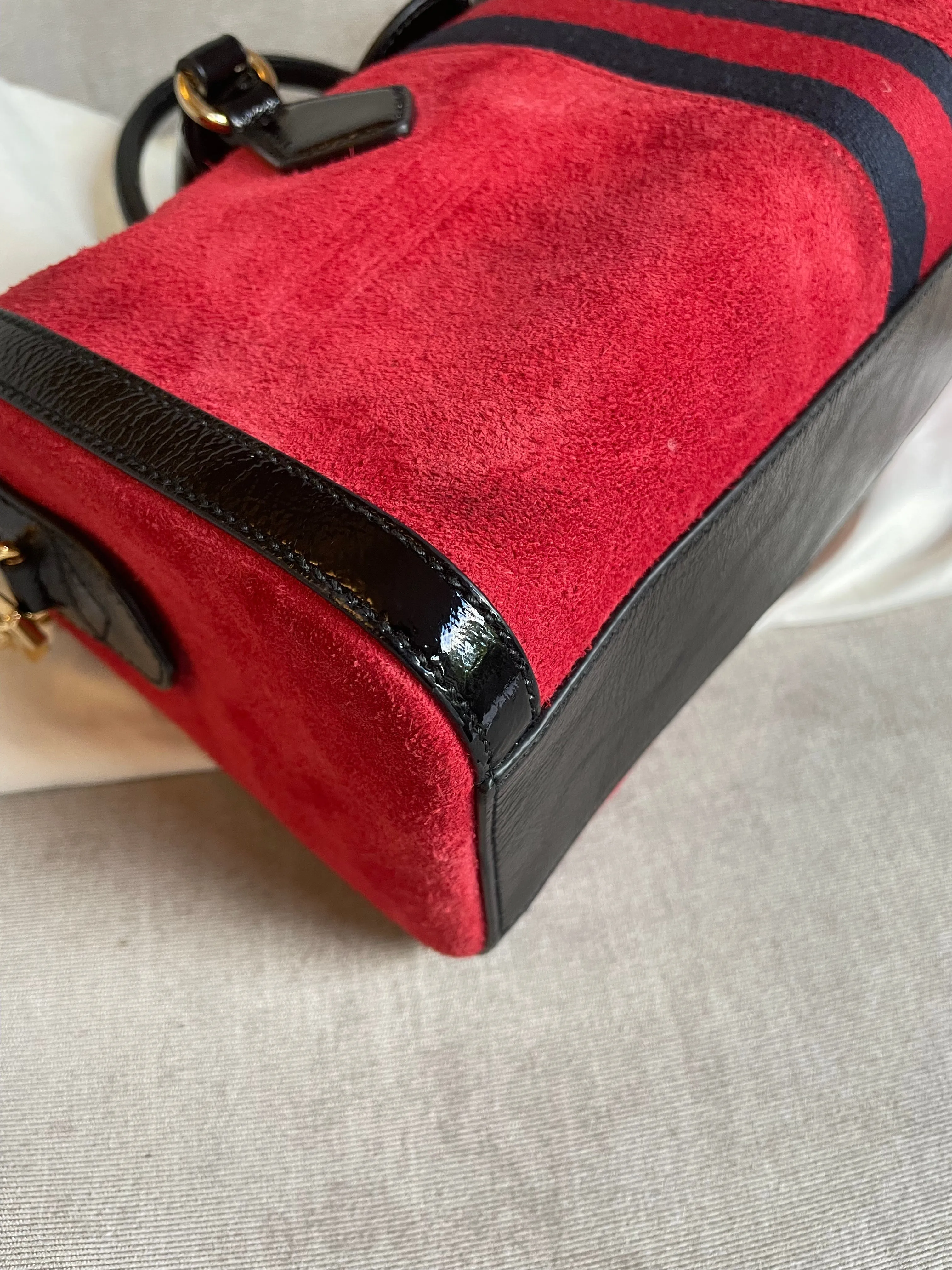 Gucci Red Suede and Blue Leather Ophidia Boston Bag