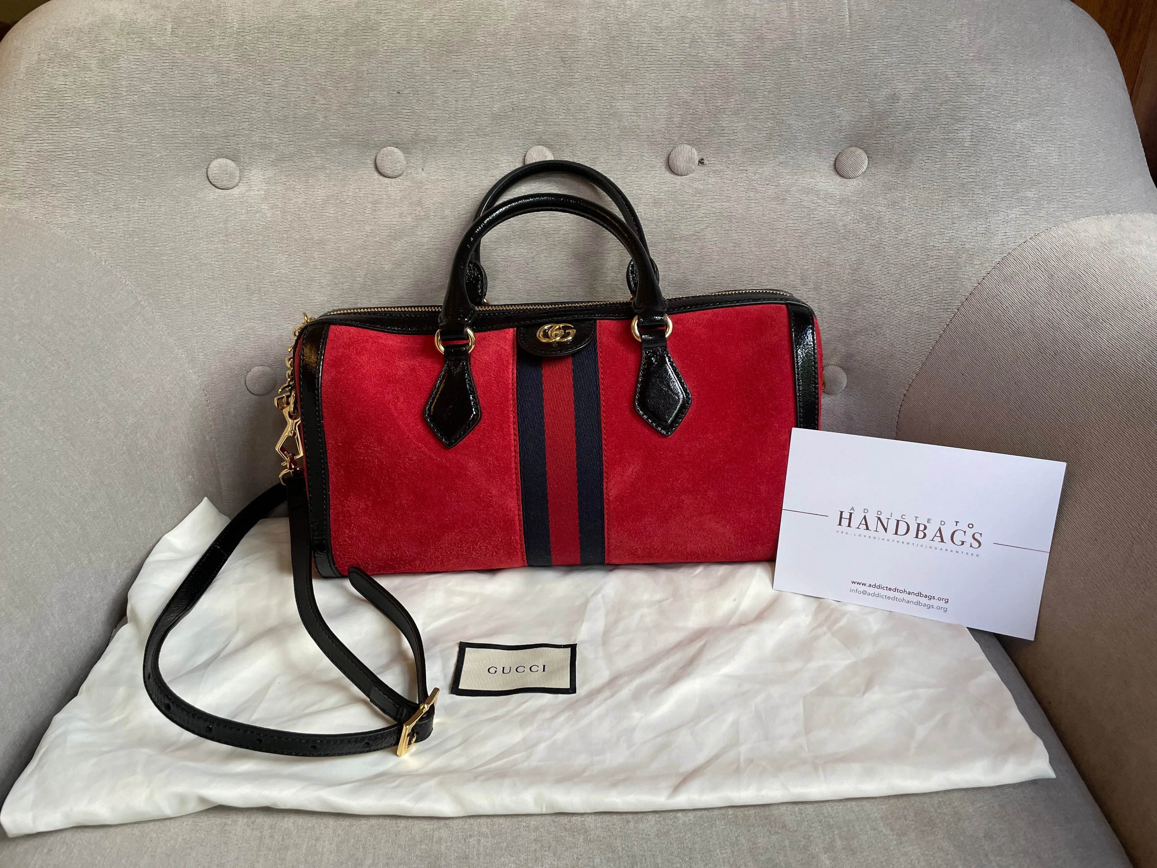 Gucci Red Suede and Blue Leather Ophidia Boston Bag