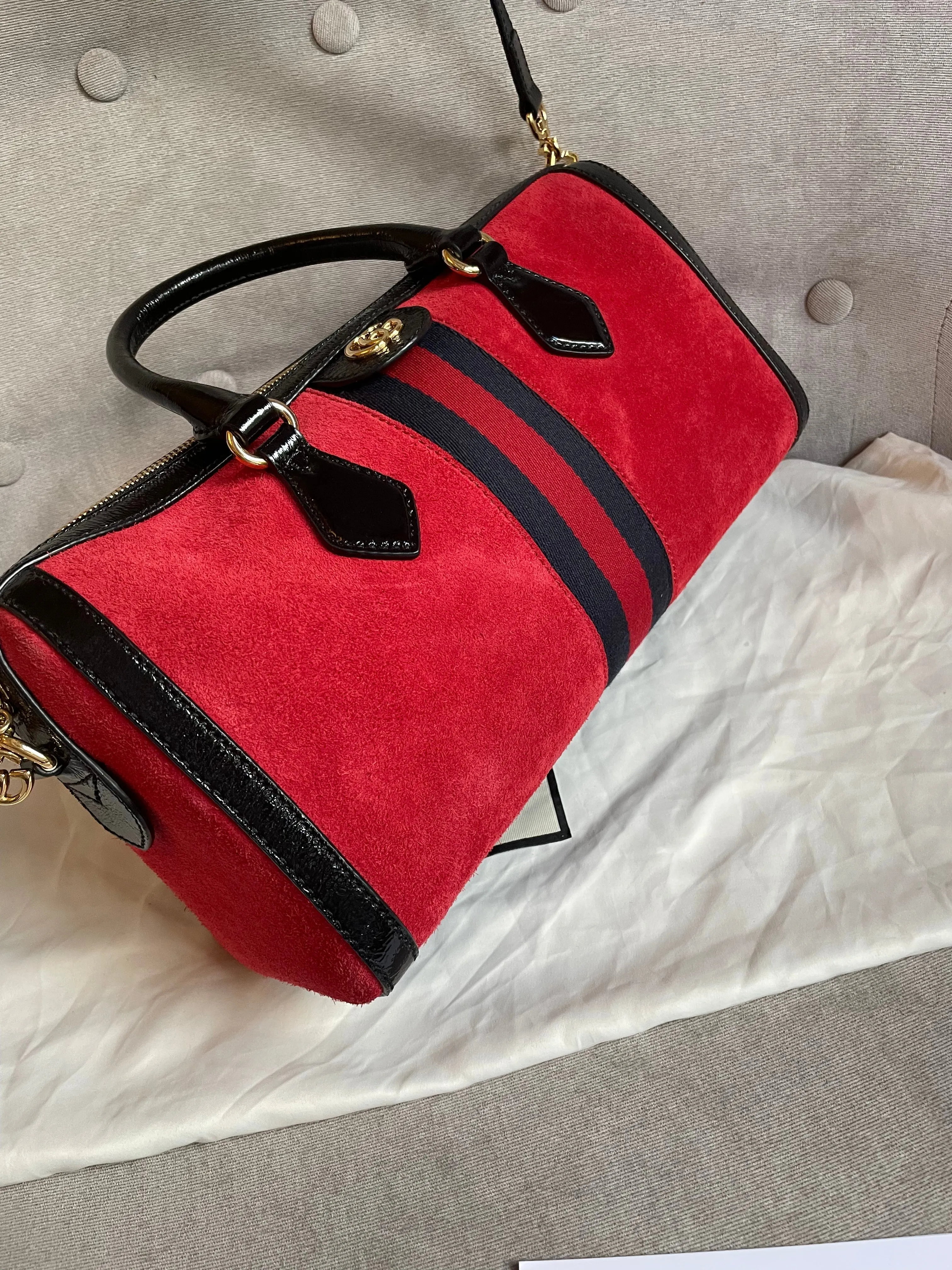 Gucci Red Suede and Blue Leather Ophidia Boston Bag