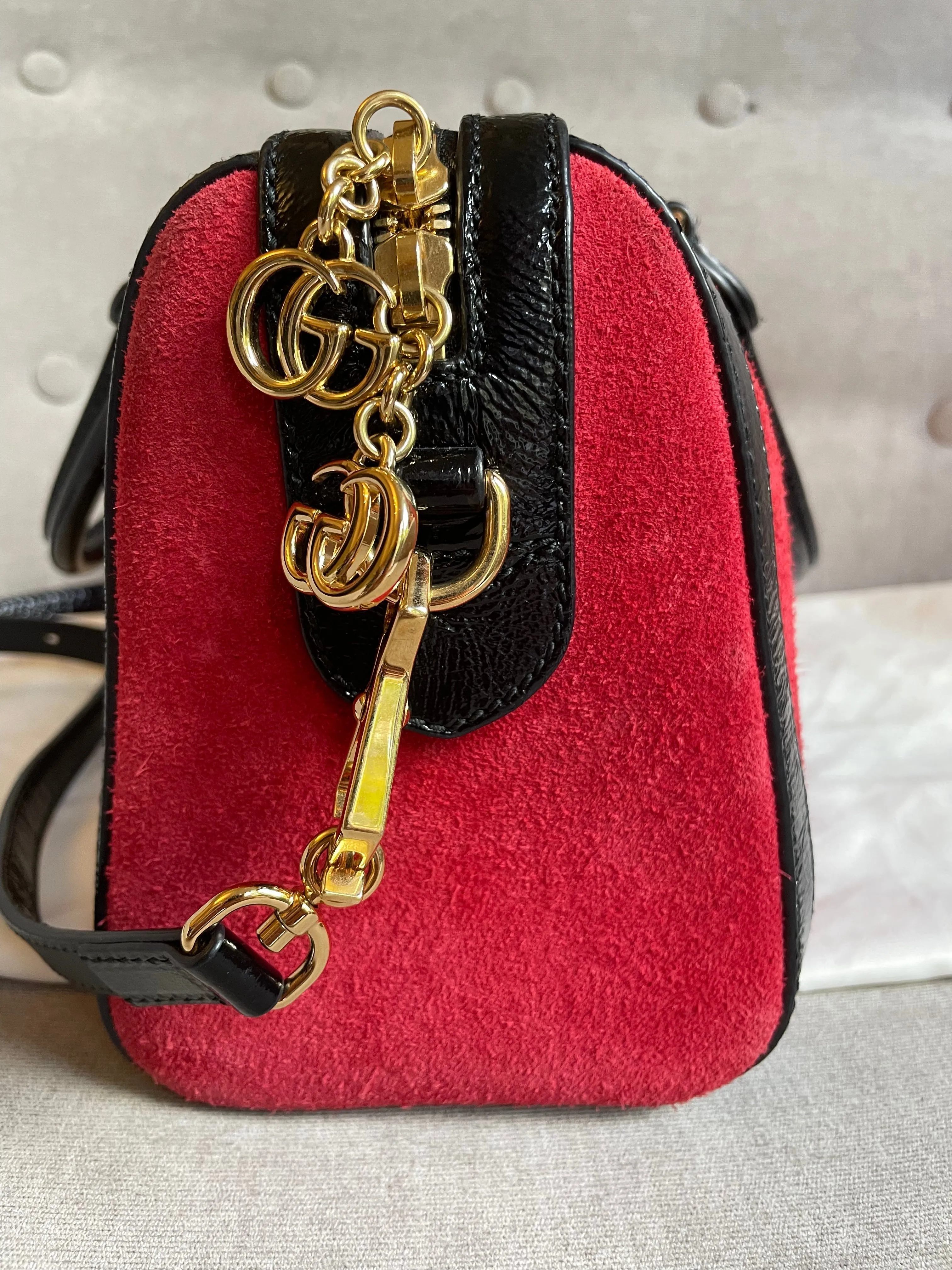Gucci Red Suede and Blue Leather Ophidia Boston Bag