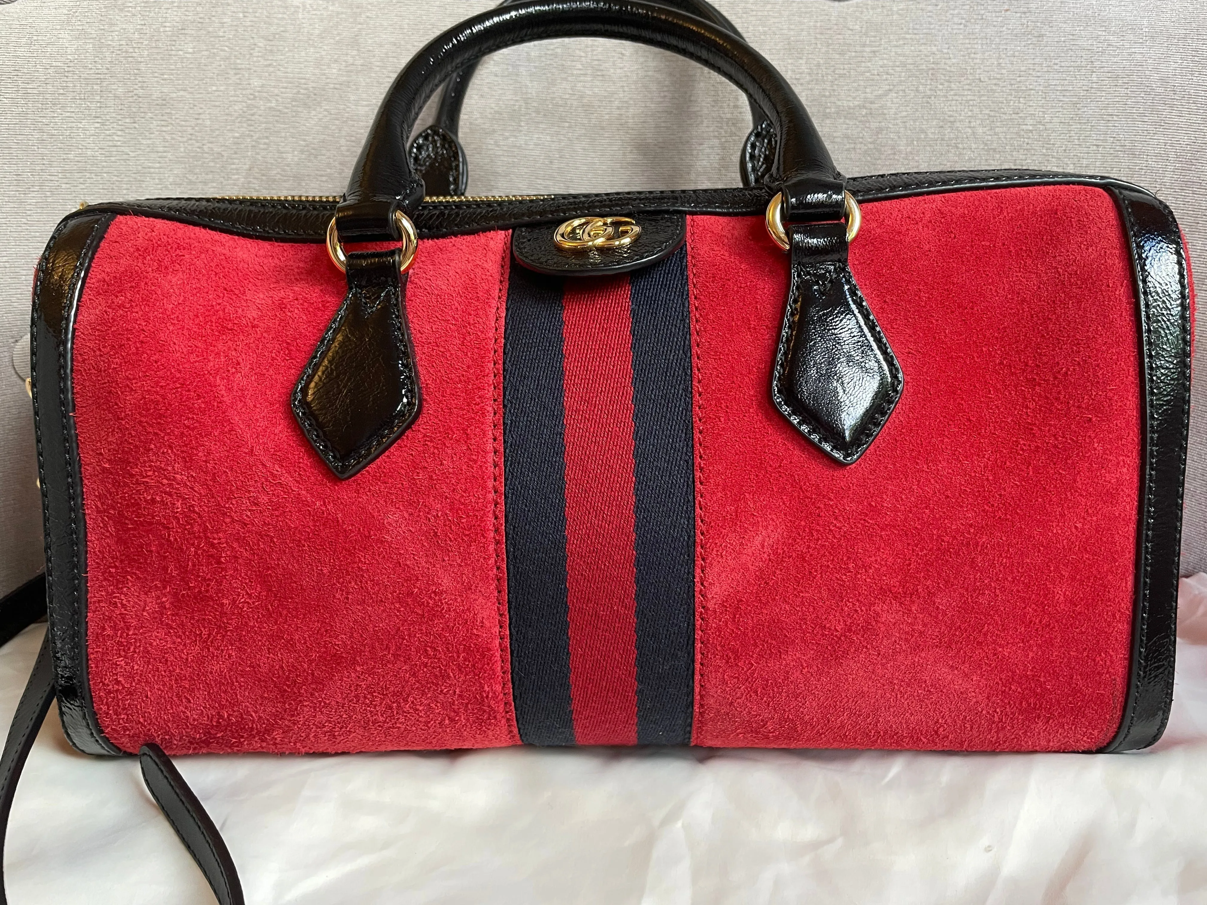 Gucci Red Suede and Blue Leather Ophidia Boston Bag