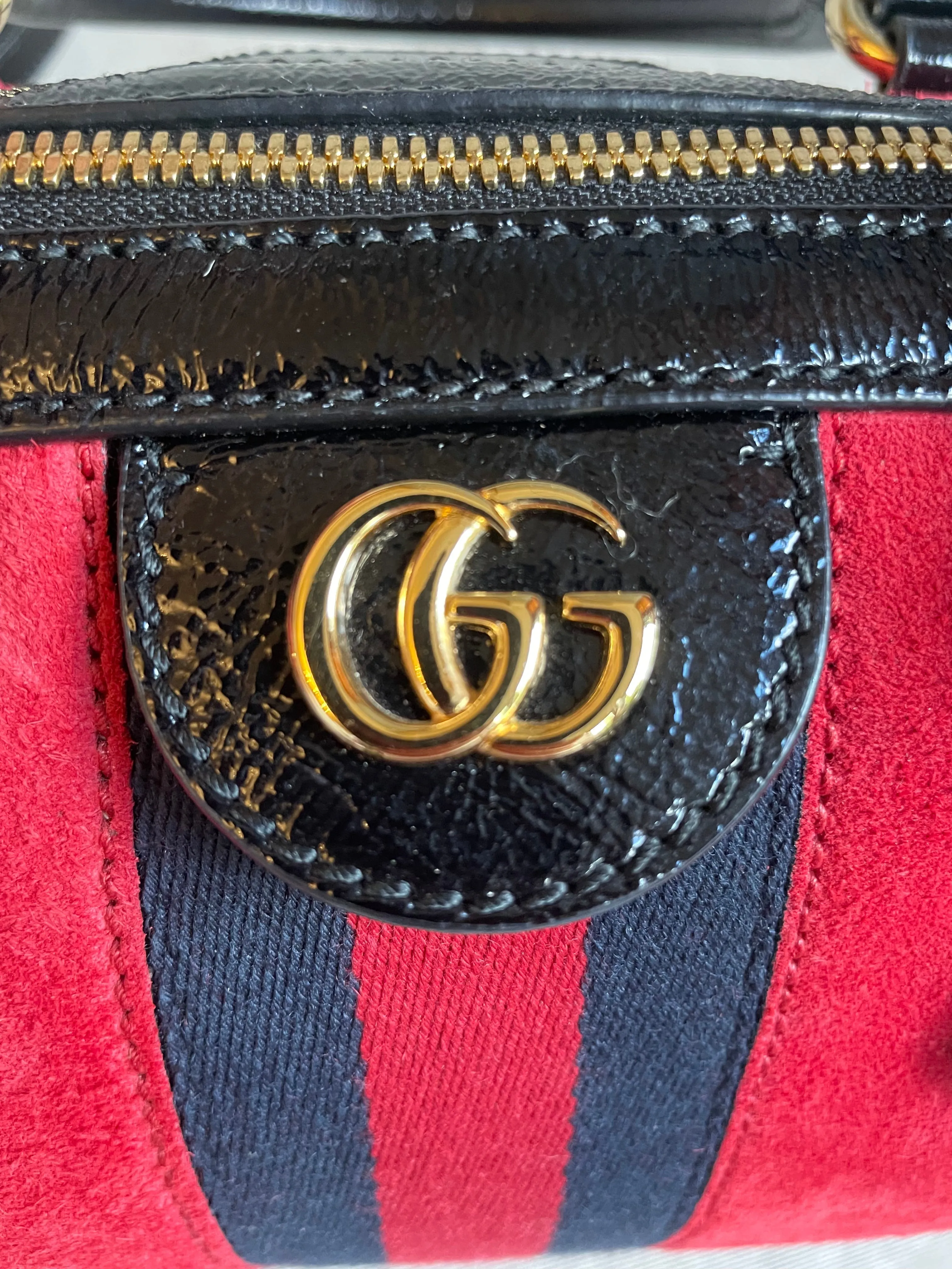 Gucci Red Suede and Blue Leather Ophidia Boston Bag