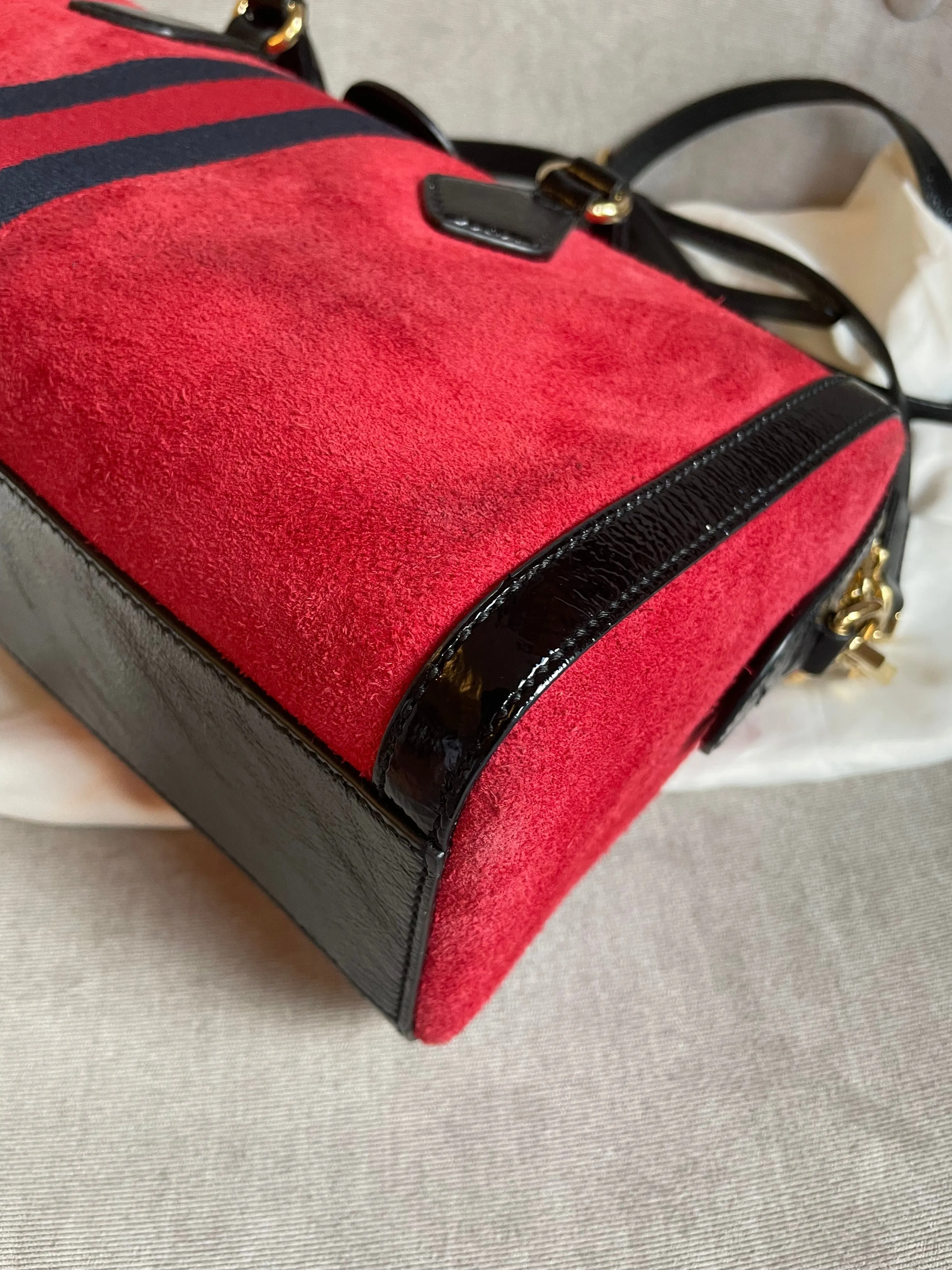 Gucci Red Suede and Blue Leather Ophidia Boston Bag