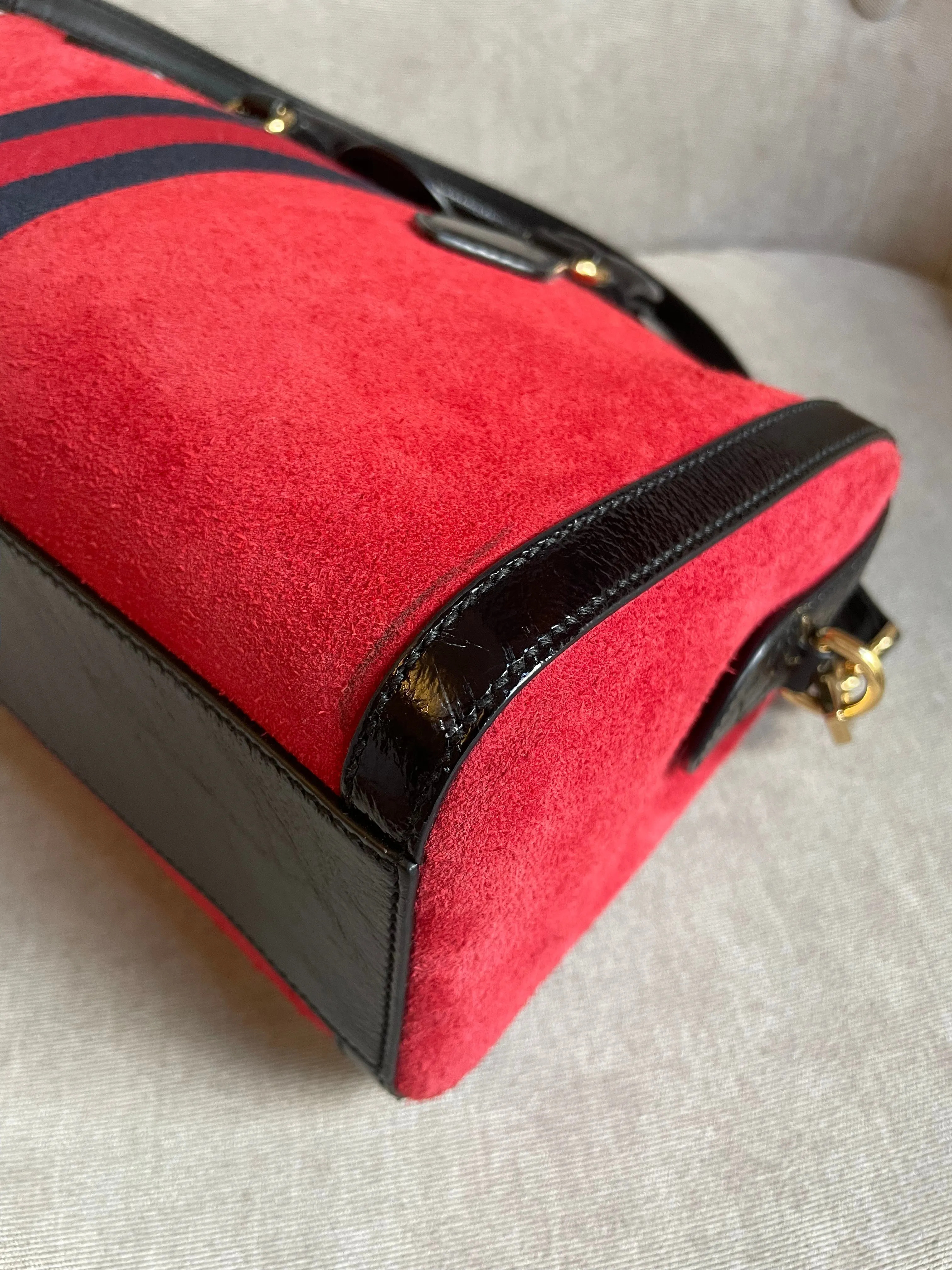 Gucci Red Suede and Blue Leather Ophidia Boston Bag