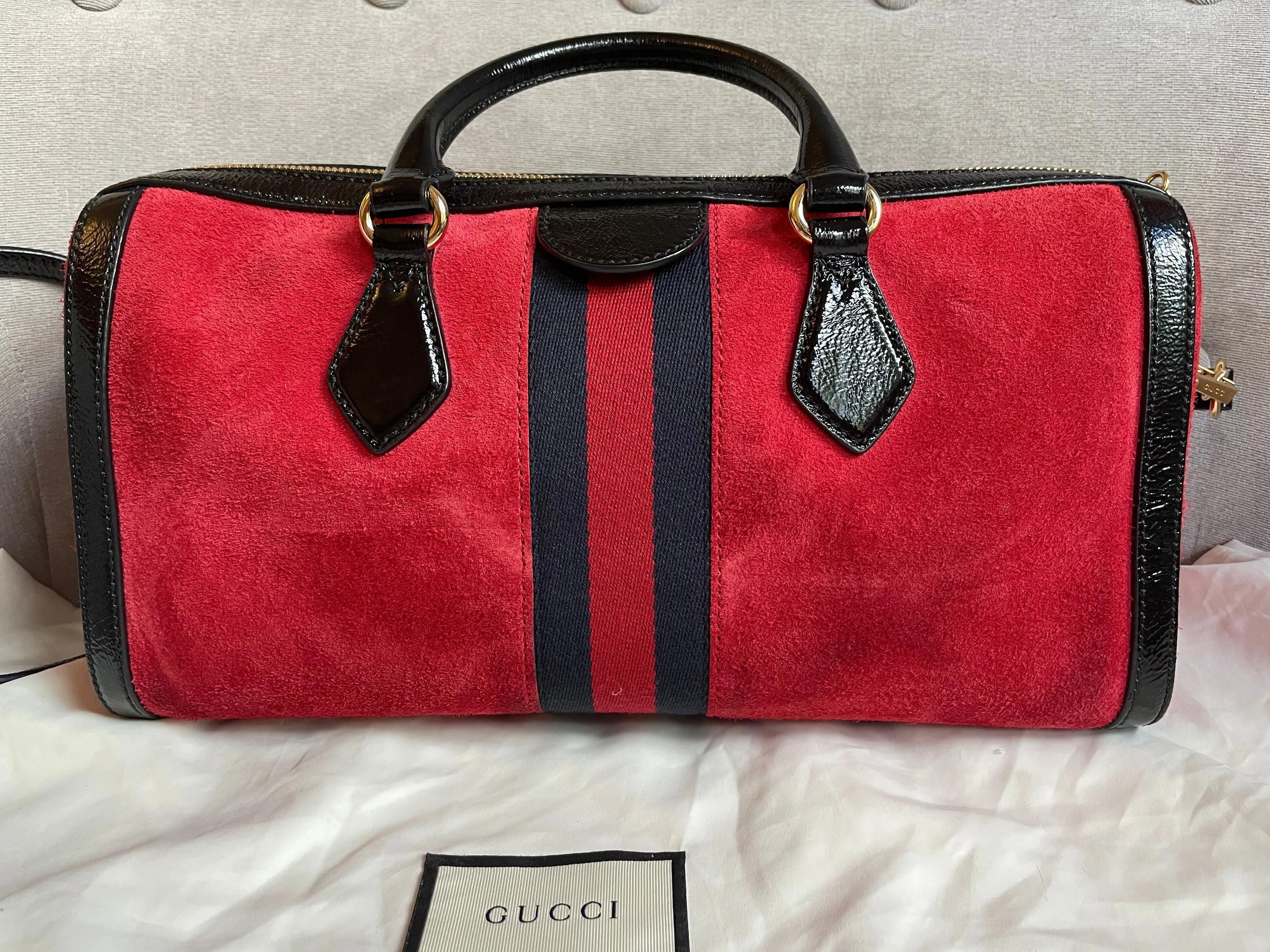 Gucci Red Suede and Blue Leather Ophidia Boston Bag