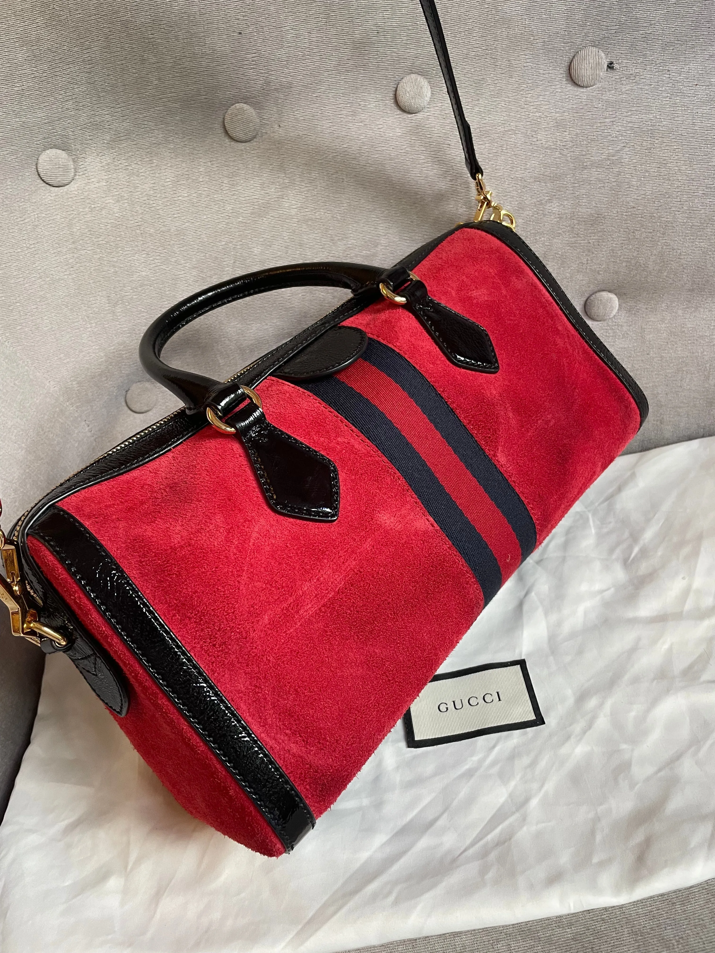Gucci Red Suede and Blue Leather Ophidia Boston Bag