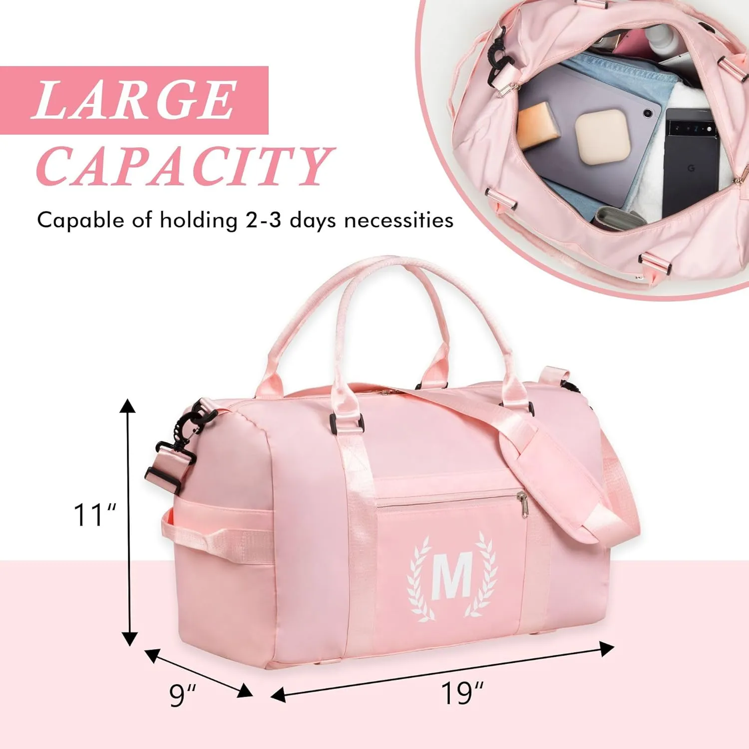 Gym Bag for Women, Personalized Duffle Bag with Shoe Compartment, Sports Bag for Yoga & Dance with Wet Pocket and Mat Strap